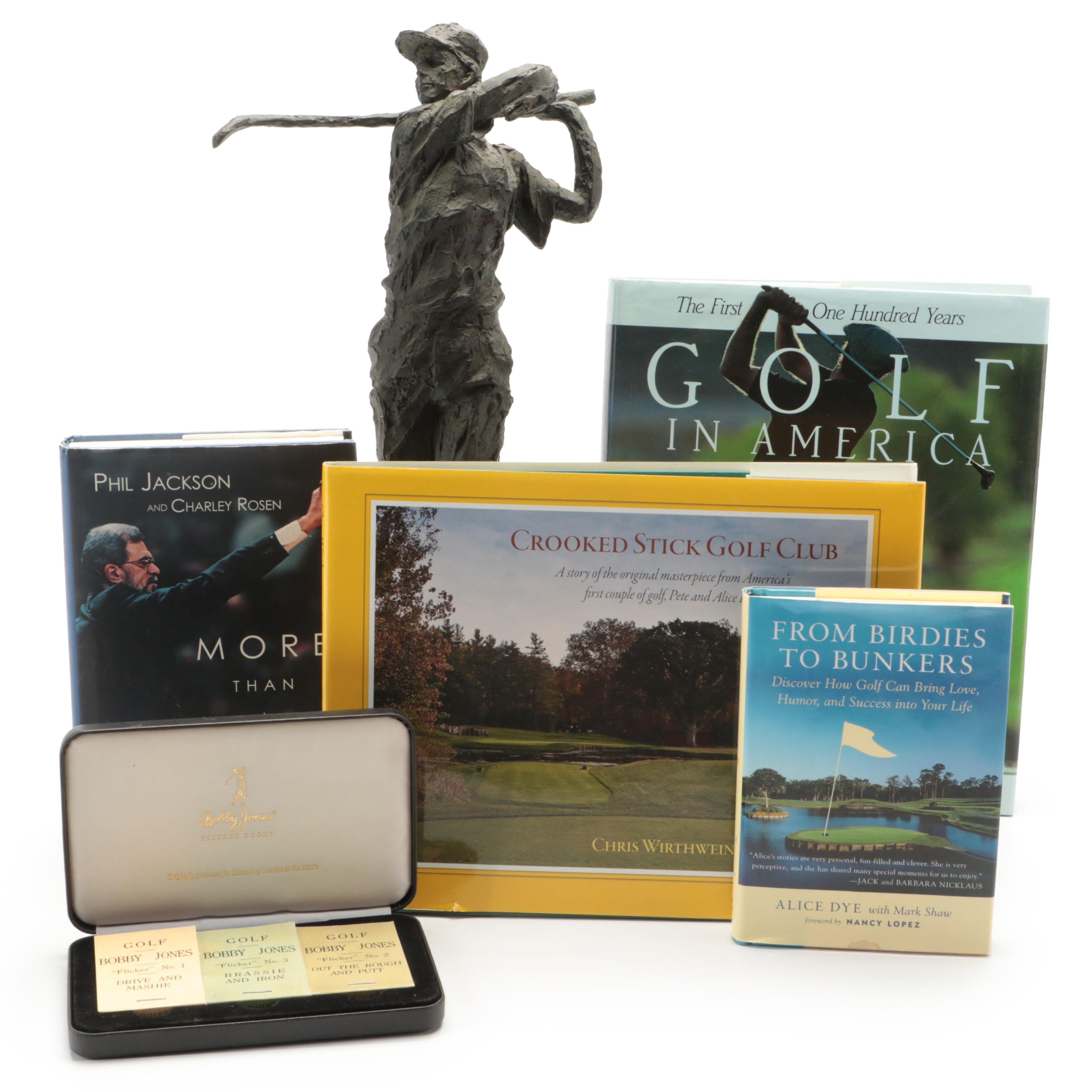 Signed "Crooked Stick Golf Club" with More Golf Books and Resin Golfer Statuette