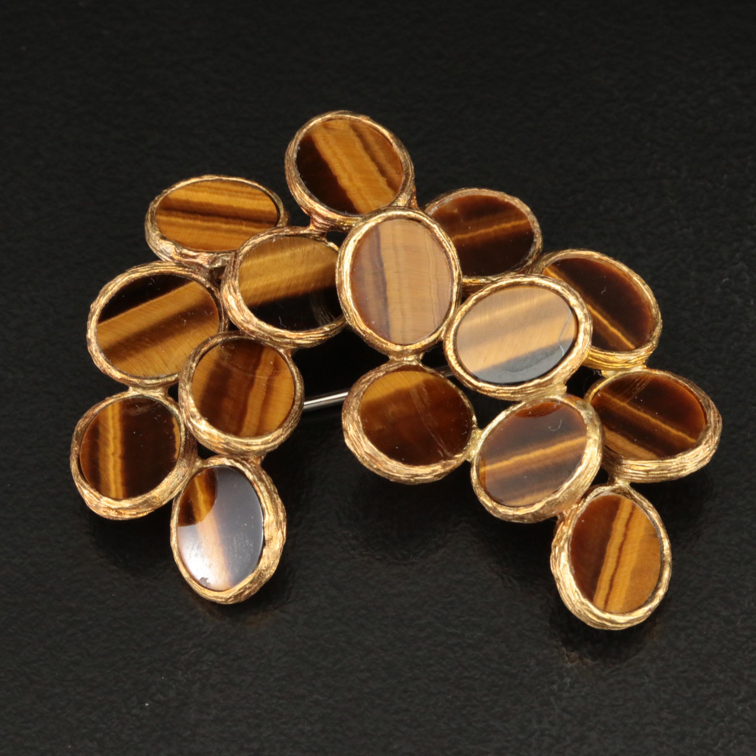 18K Tiger's Eye Oval Cluster Brooch