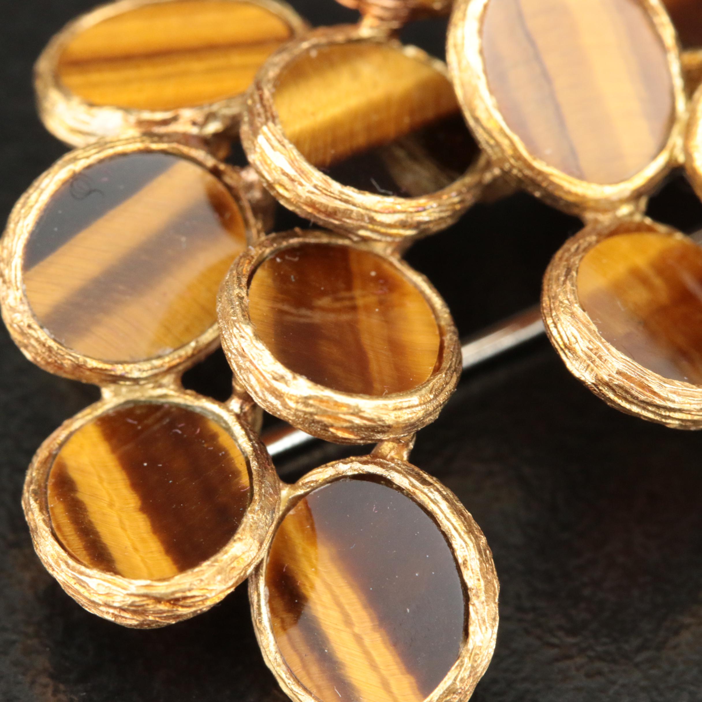 18K Tiger's Eye Oval Cluster Brooch