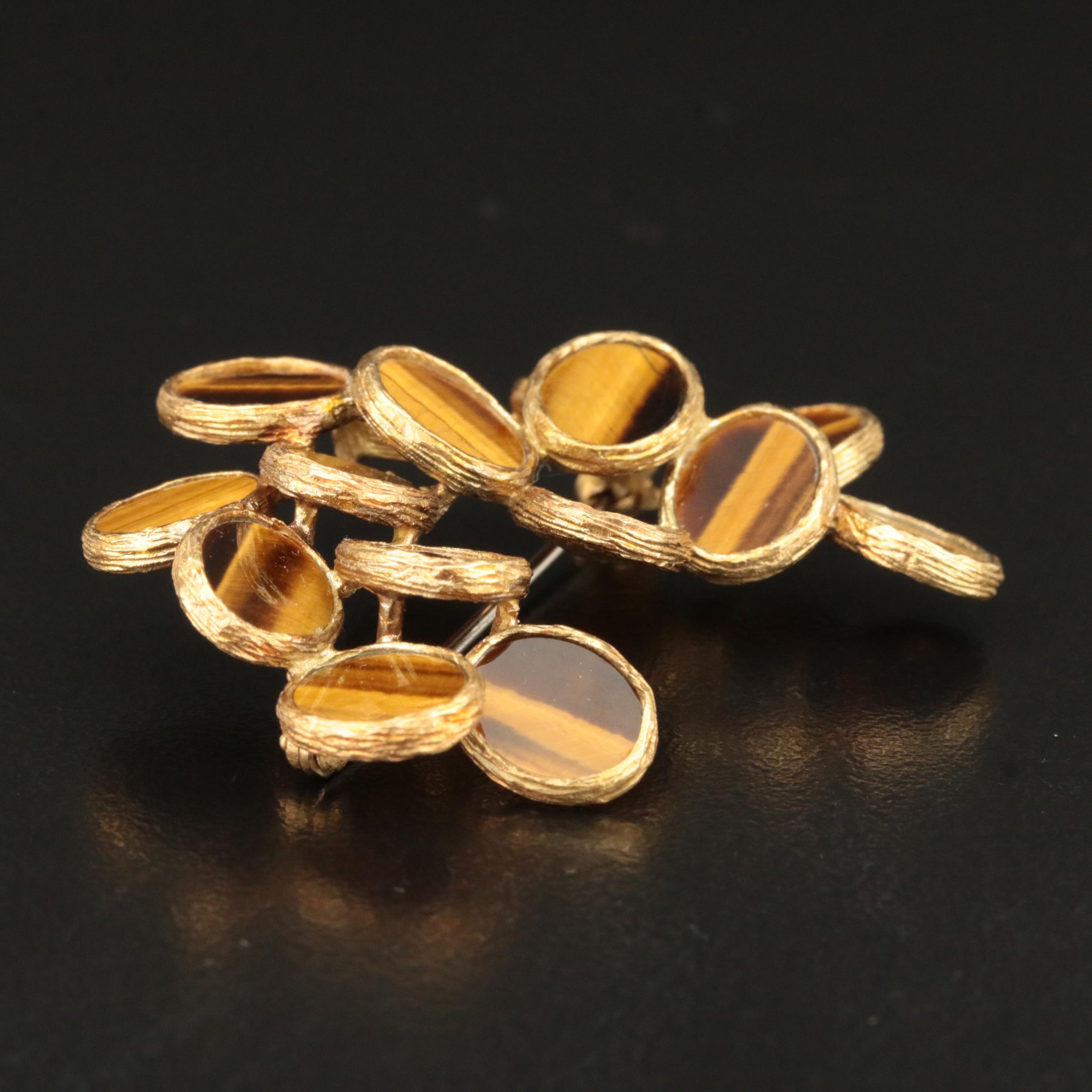 18K Tiger's Eye Oval Cluster Brooch