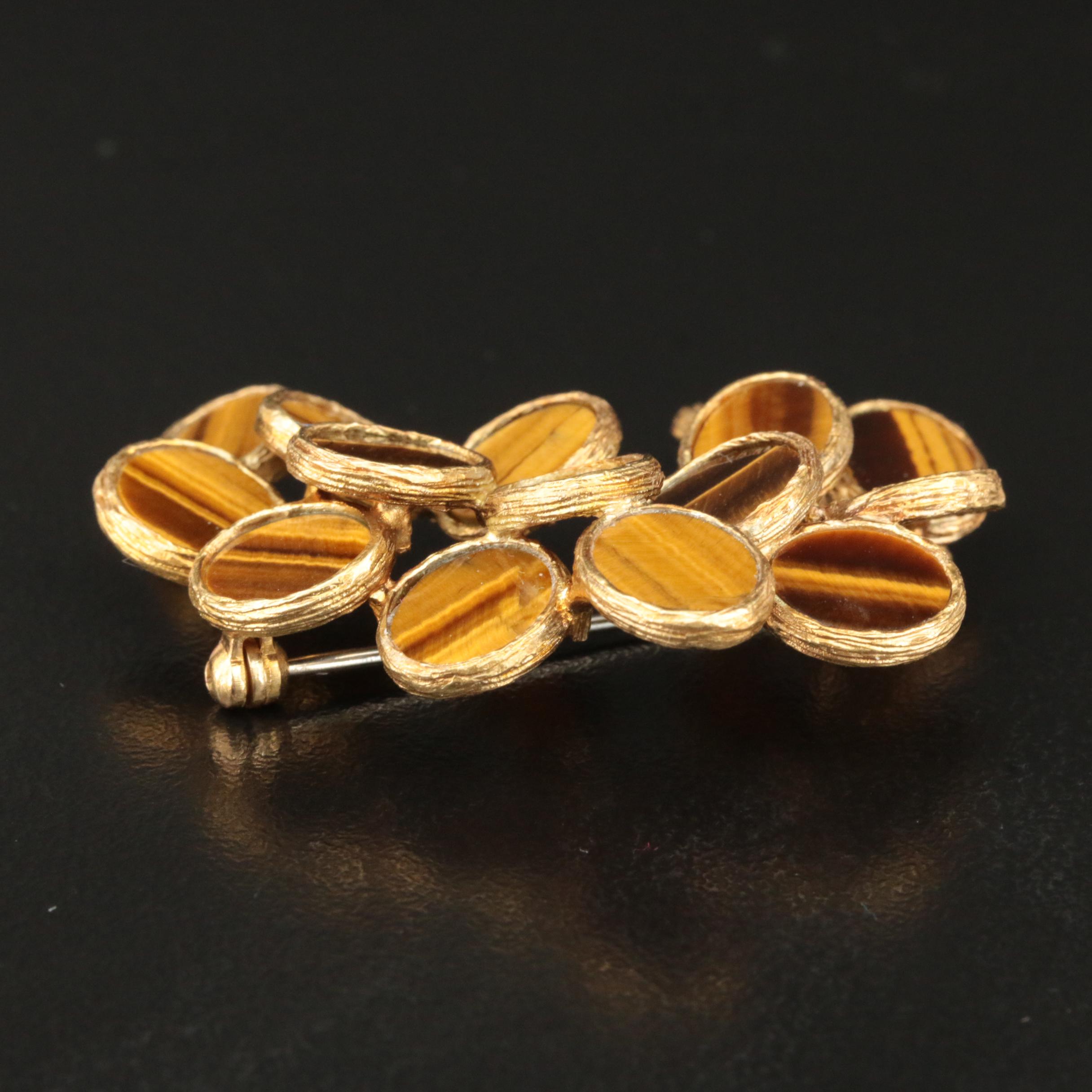 18K Tiger's Eye Oval Cluster Brooch