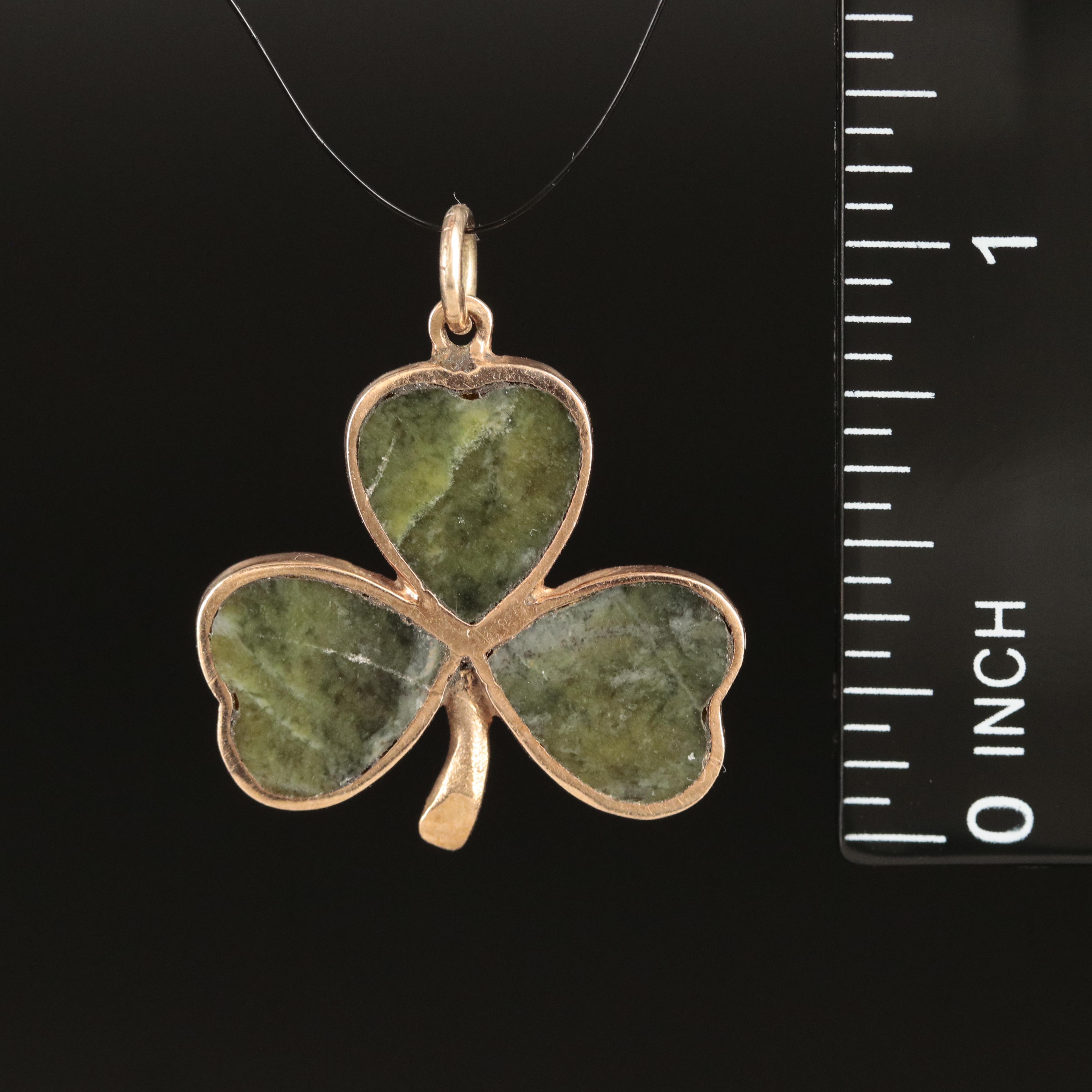 Vintage 9K Rose Gold Connemara Marble Inlay Clover Pendant