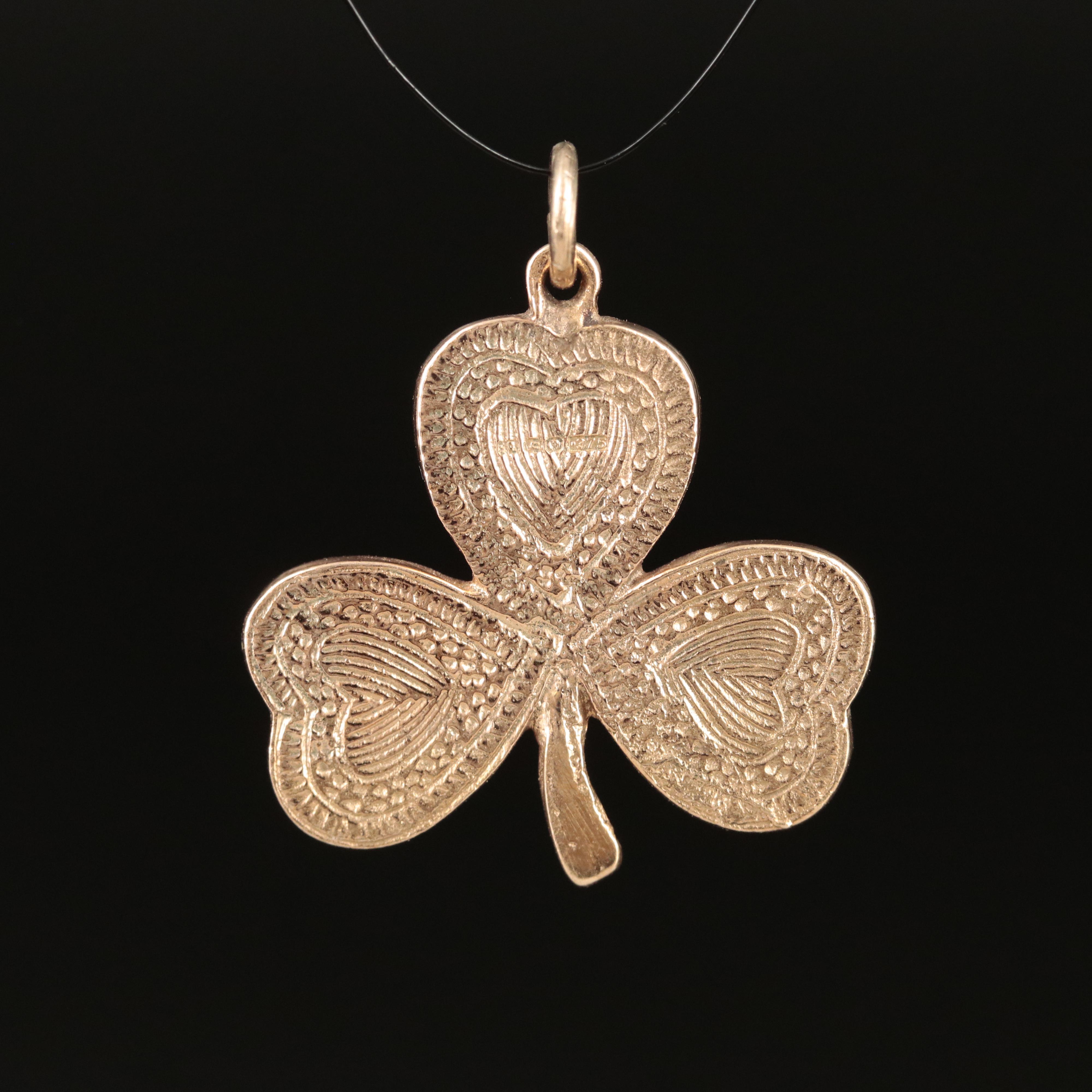 Vintage 9K Rose Gold Connemara Marble Inlay Clover Pendant