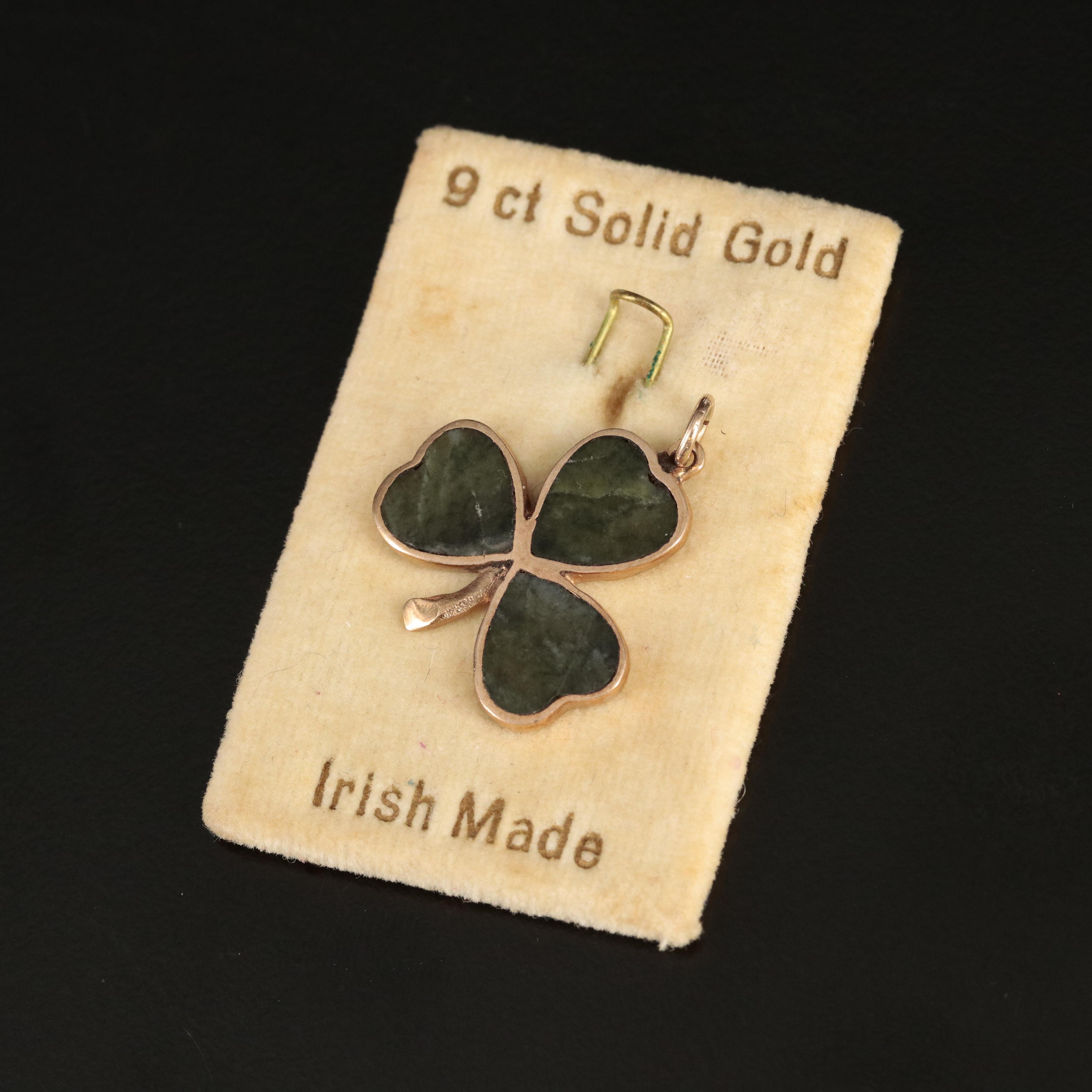 Vintage 9K Rose Gold Connemara Marble Inlay Clover Pendant