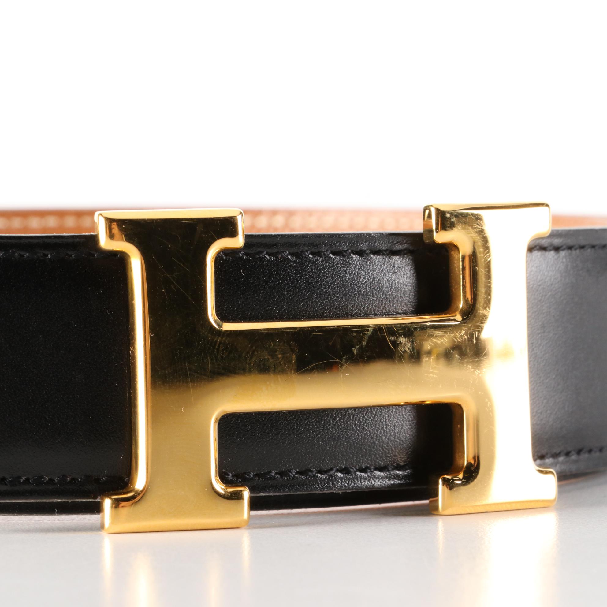 Hermès Reversible H Belt in Black Box Calf and Gold Courchevel Leather