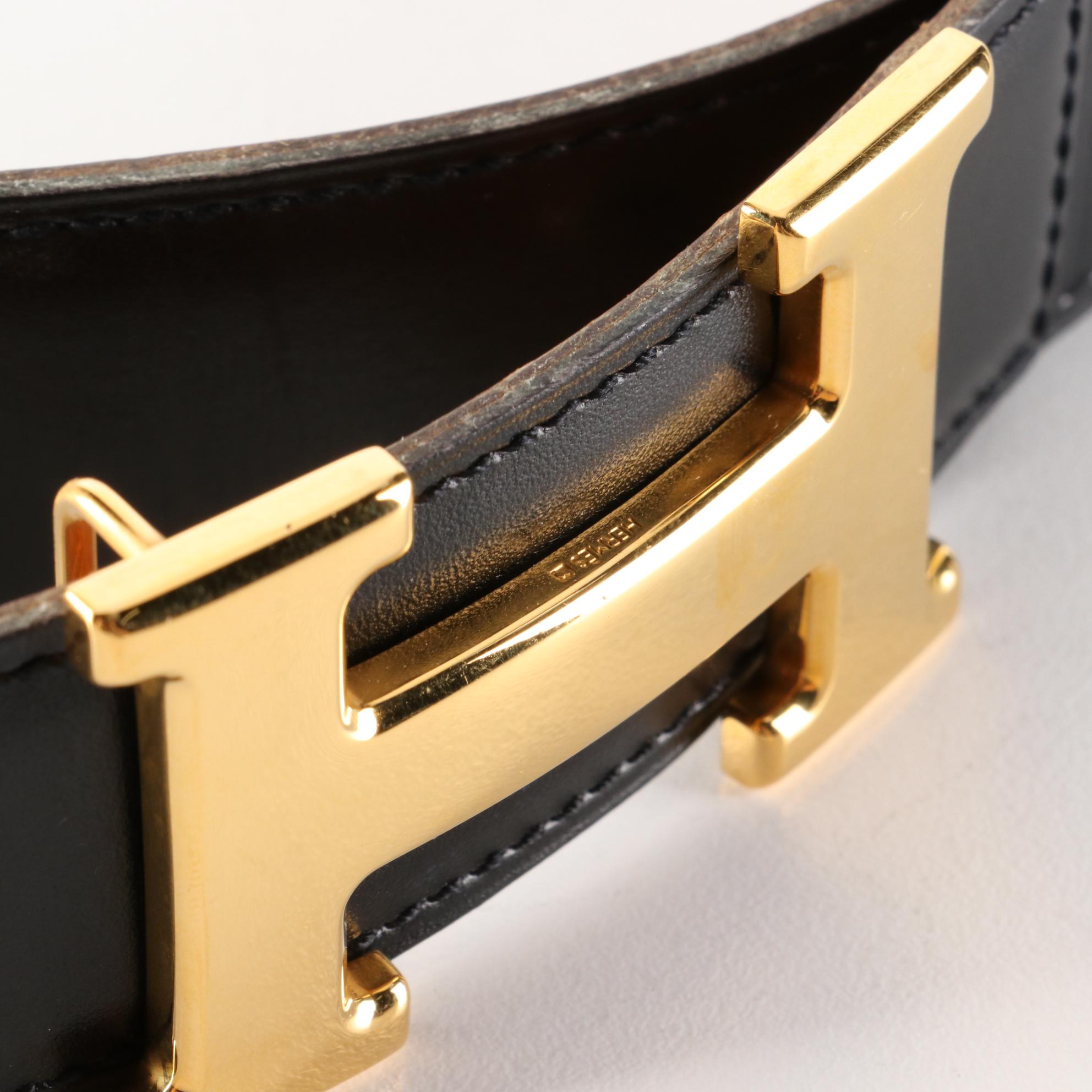 Hermès Reversible H Belt in Black Box Calf and Gold Courchevel Leather