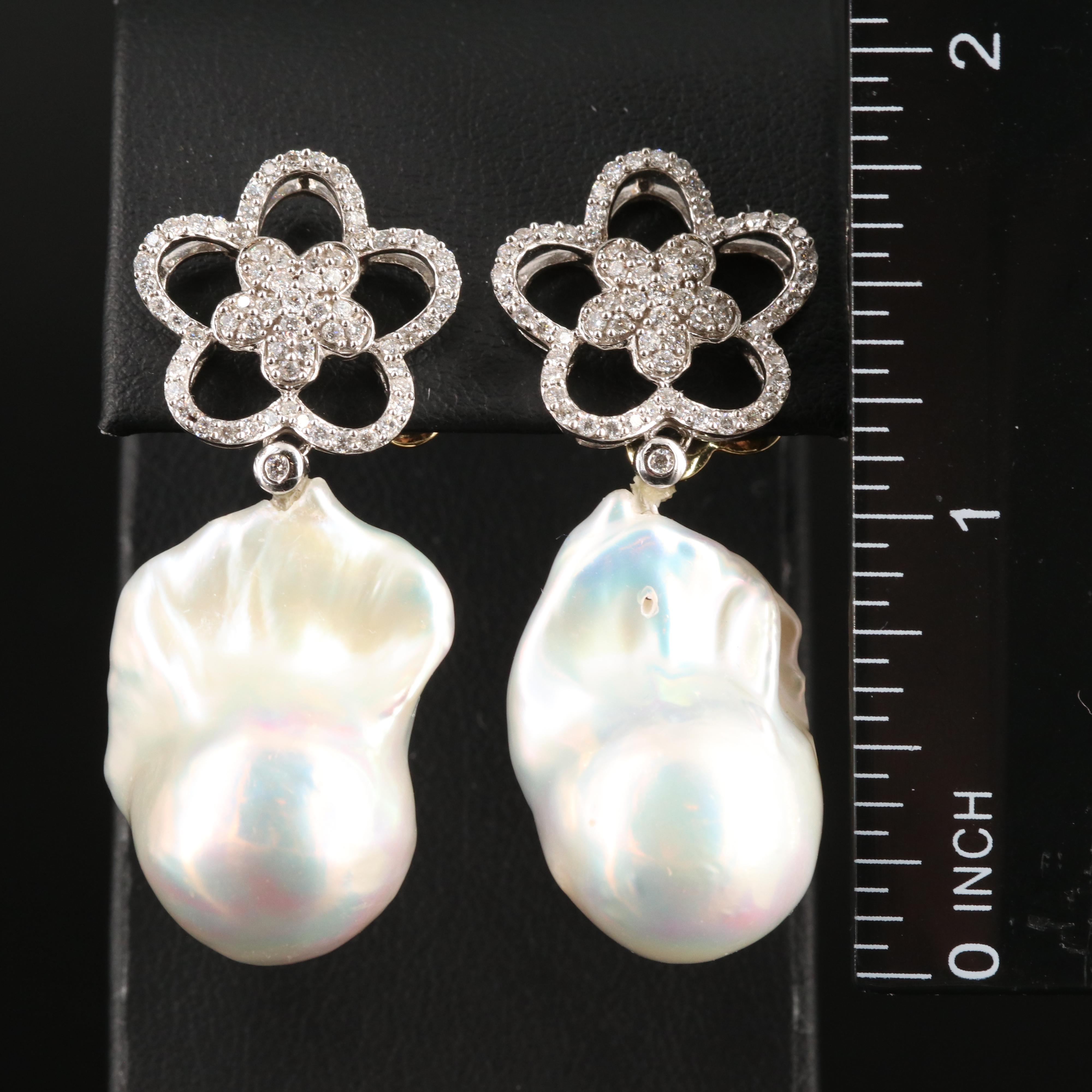 14K Baroque Pearl and 1.00 CTW Diamond Floral Earrings with GIA Report