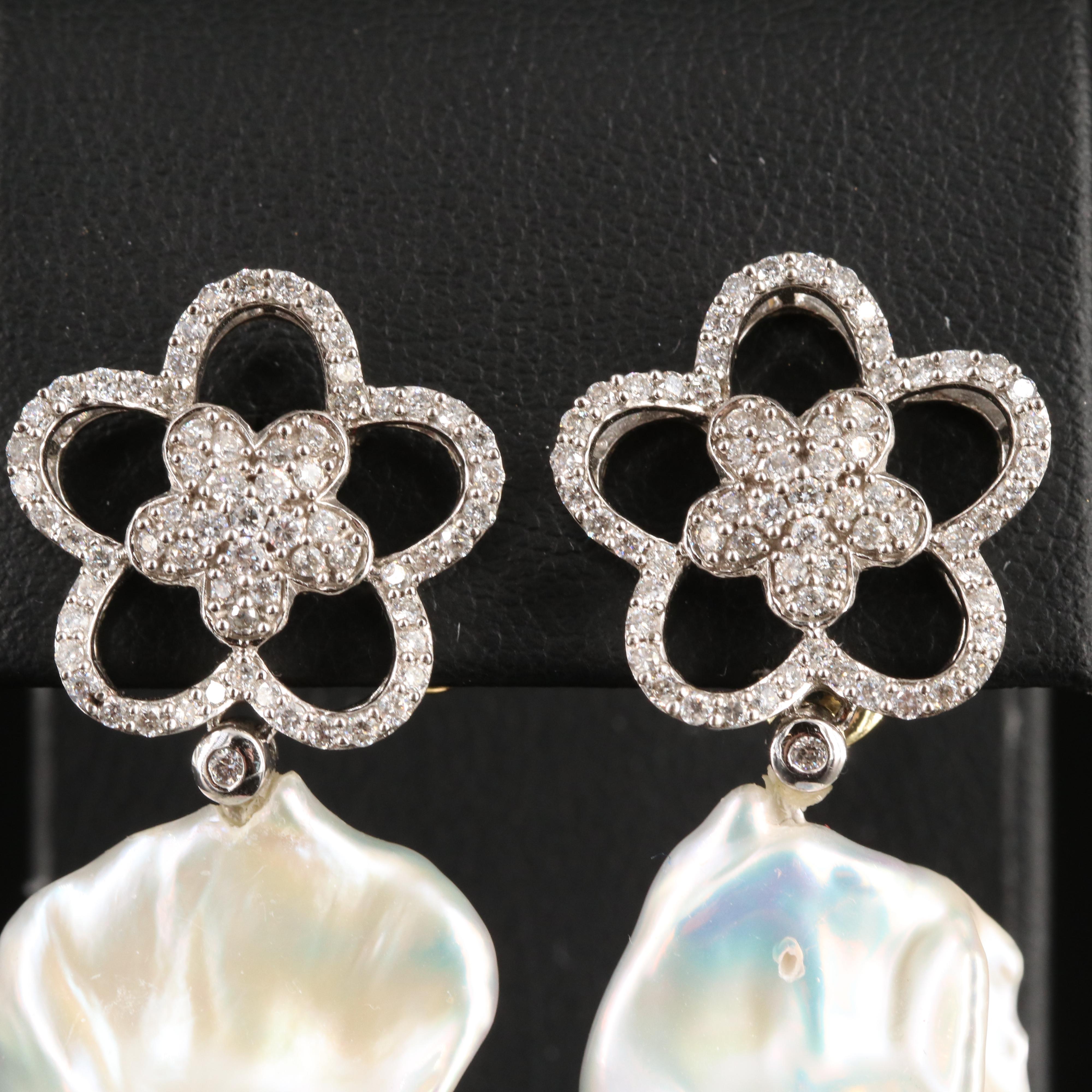 14K Baroque Pearl and 1.00 CTW Diamond Floral Earrings with GIA Report