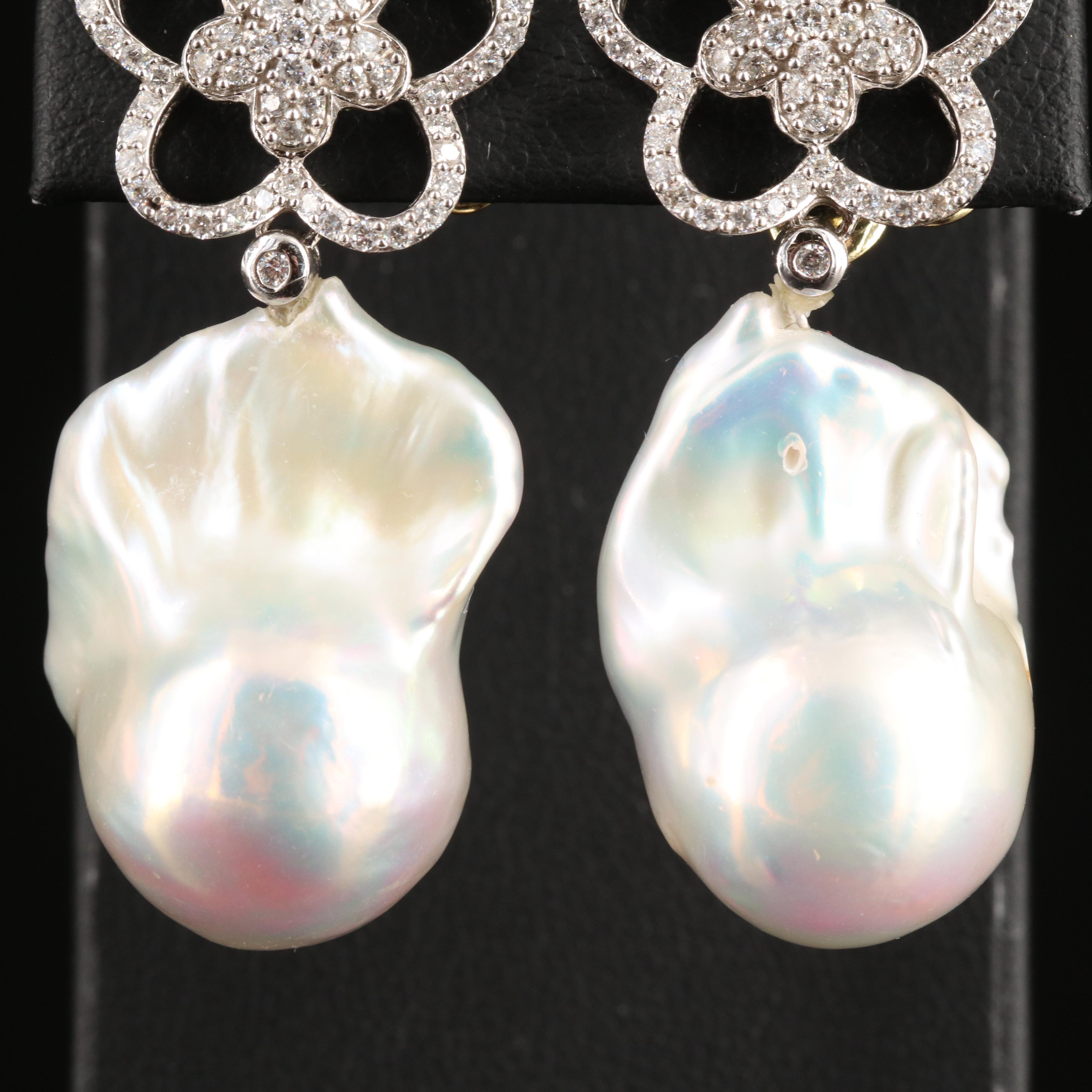 14K Baroque Pearl and 1.00 CTW Diamond Floral Earrings with GIA Report