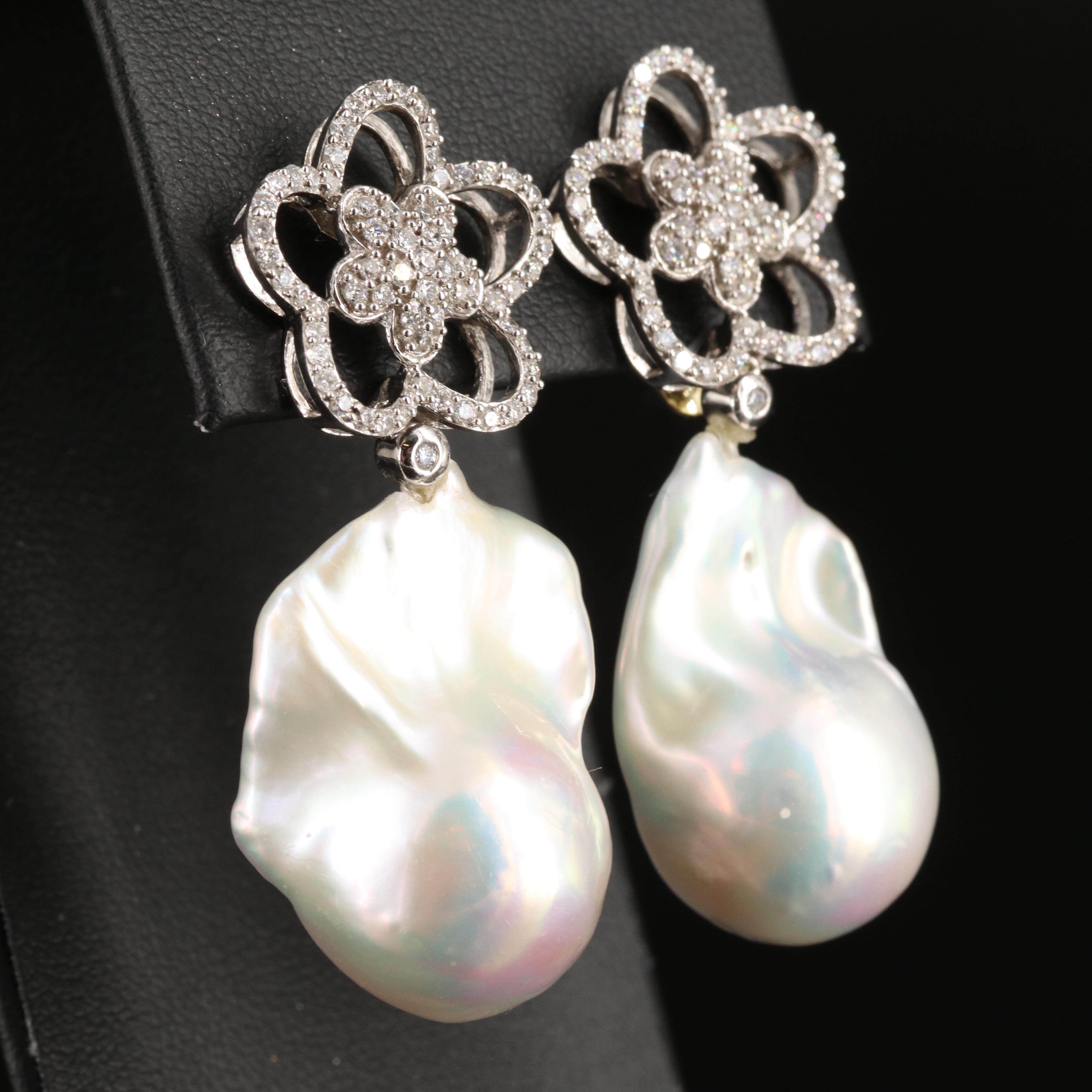 14K Baroque Pearl and 1.00 CTW Diamond Floral Earrings with GIA Report