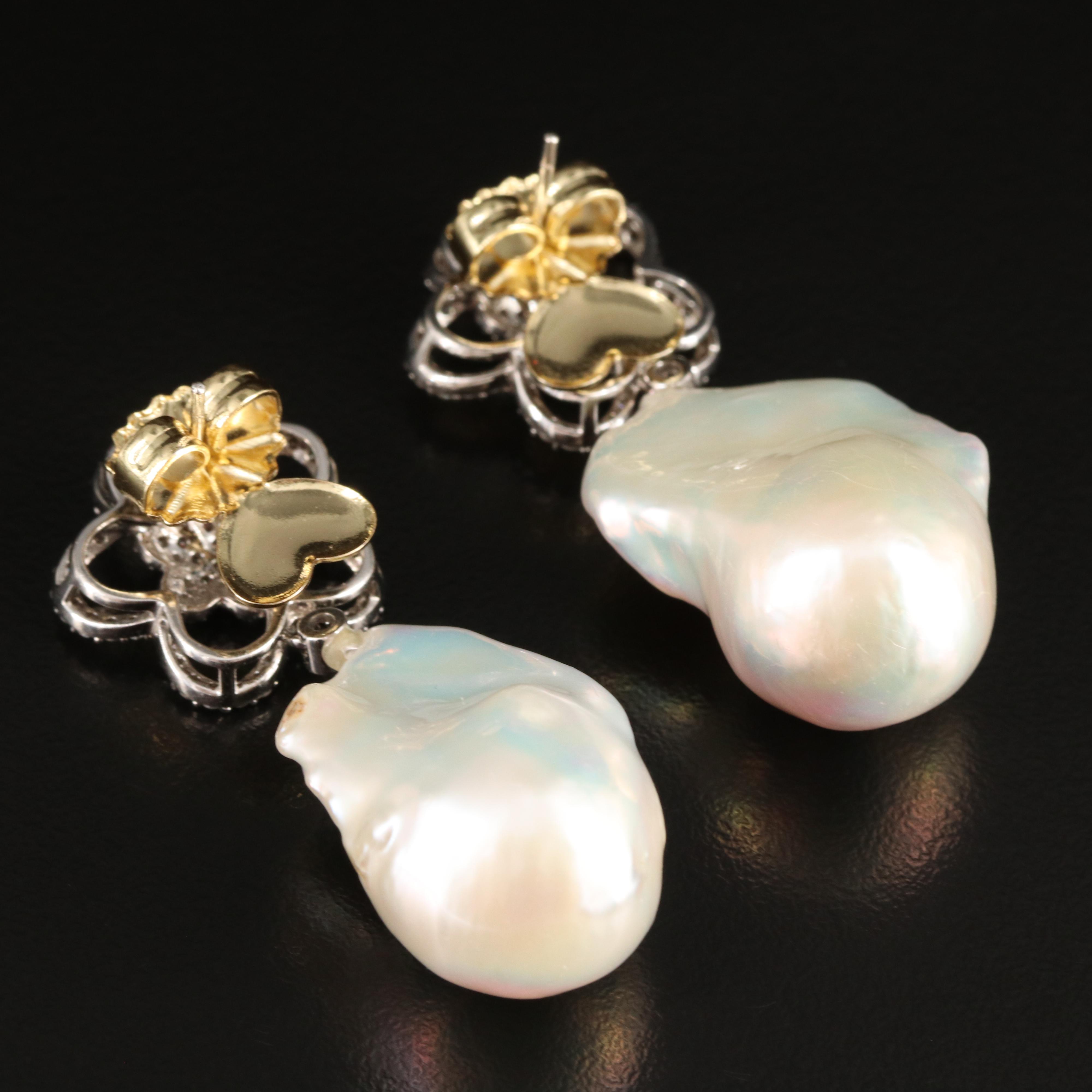 14K Baroque Pearl and 1.00 CTW Diamond Floral Earrings with GIA Report