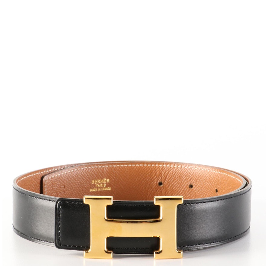 Hermès Reversible H Belt in Black Box Calf and Gold Courchevel Leather