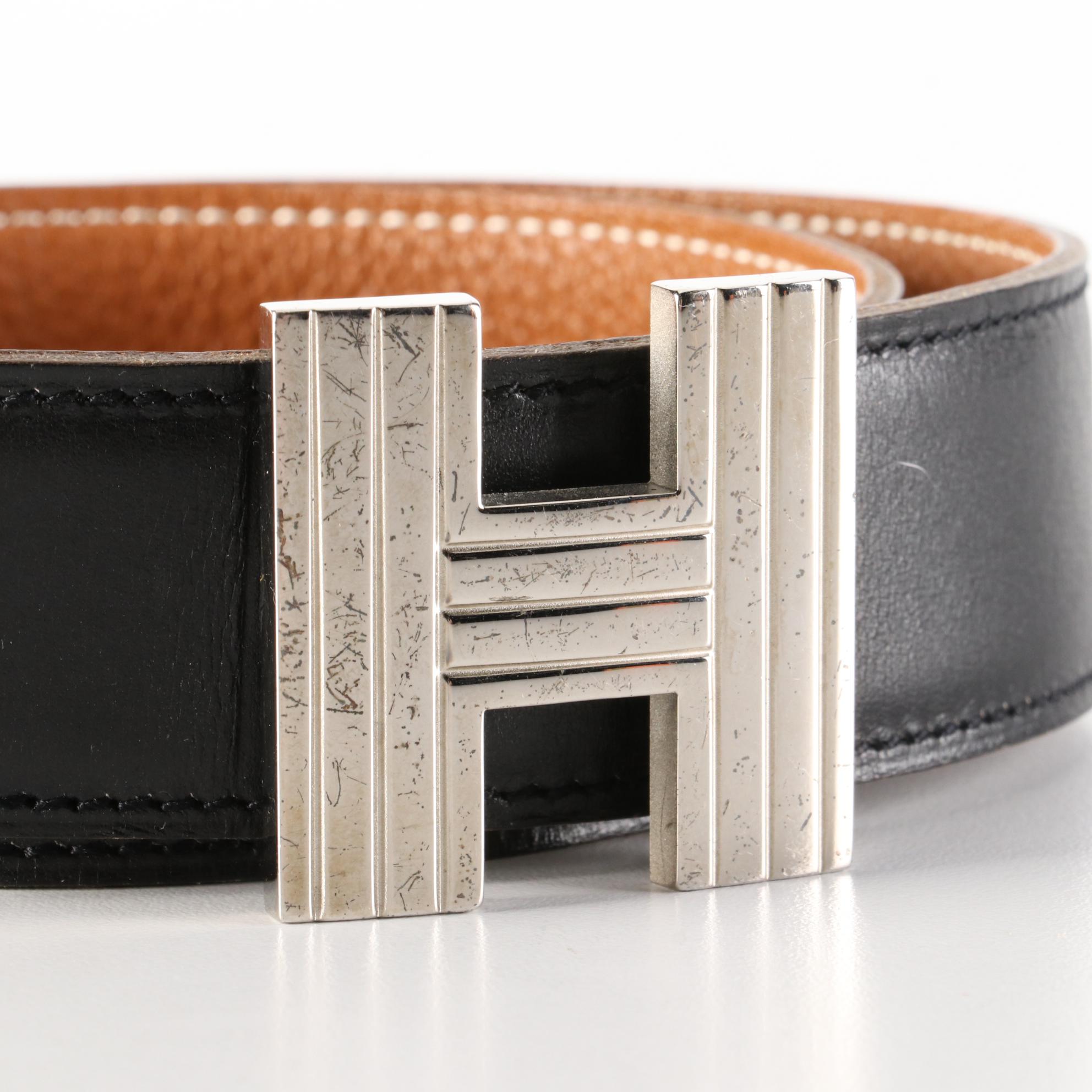 Hermès Cadena Reversible H Belt in in Black Box Calf and Gold Courchevel Leather