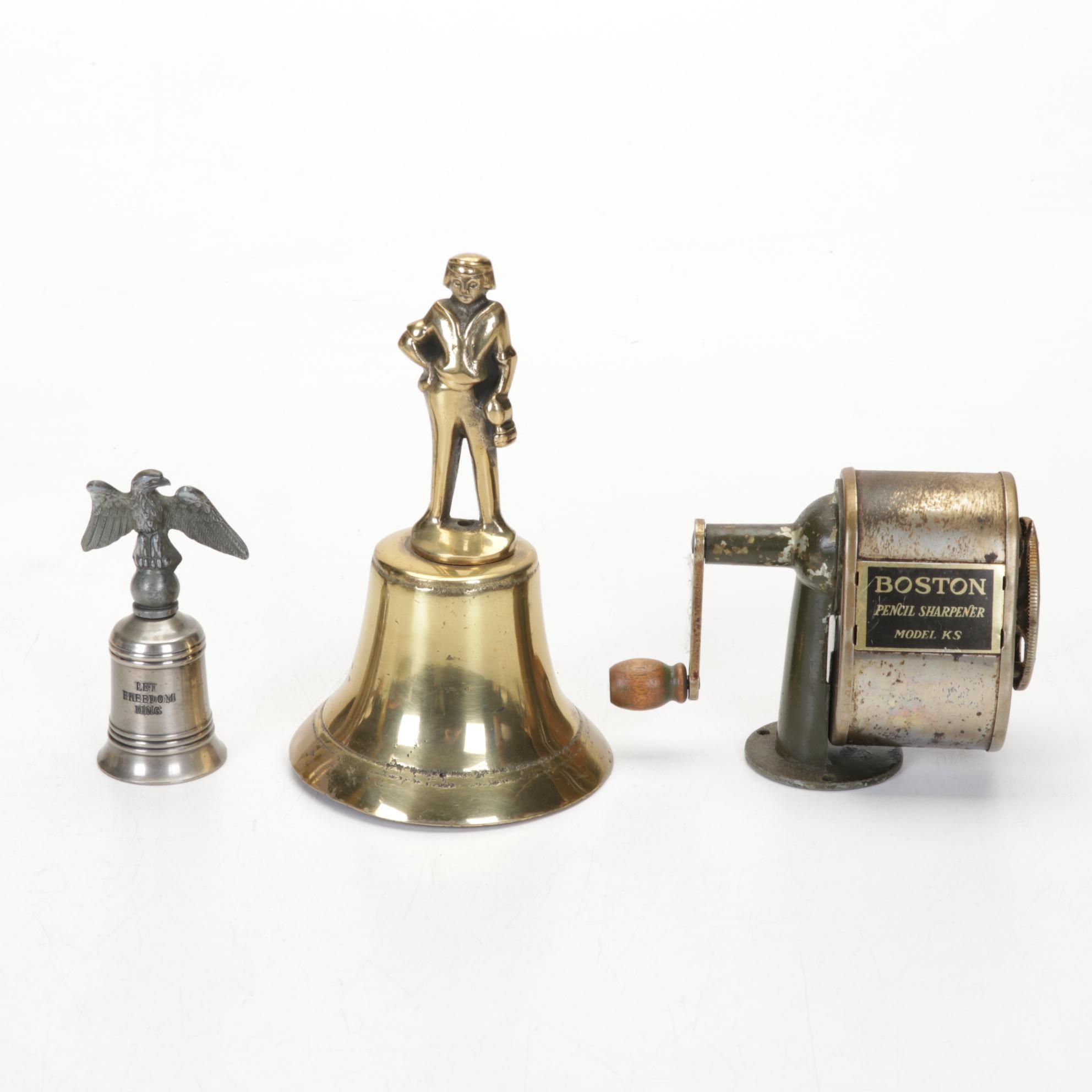 Art Deco Style Bankers Lamp, Roseville Candlestick, Pencil Sharpener and More