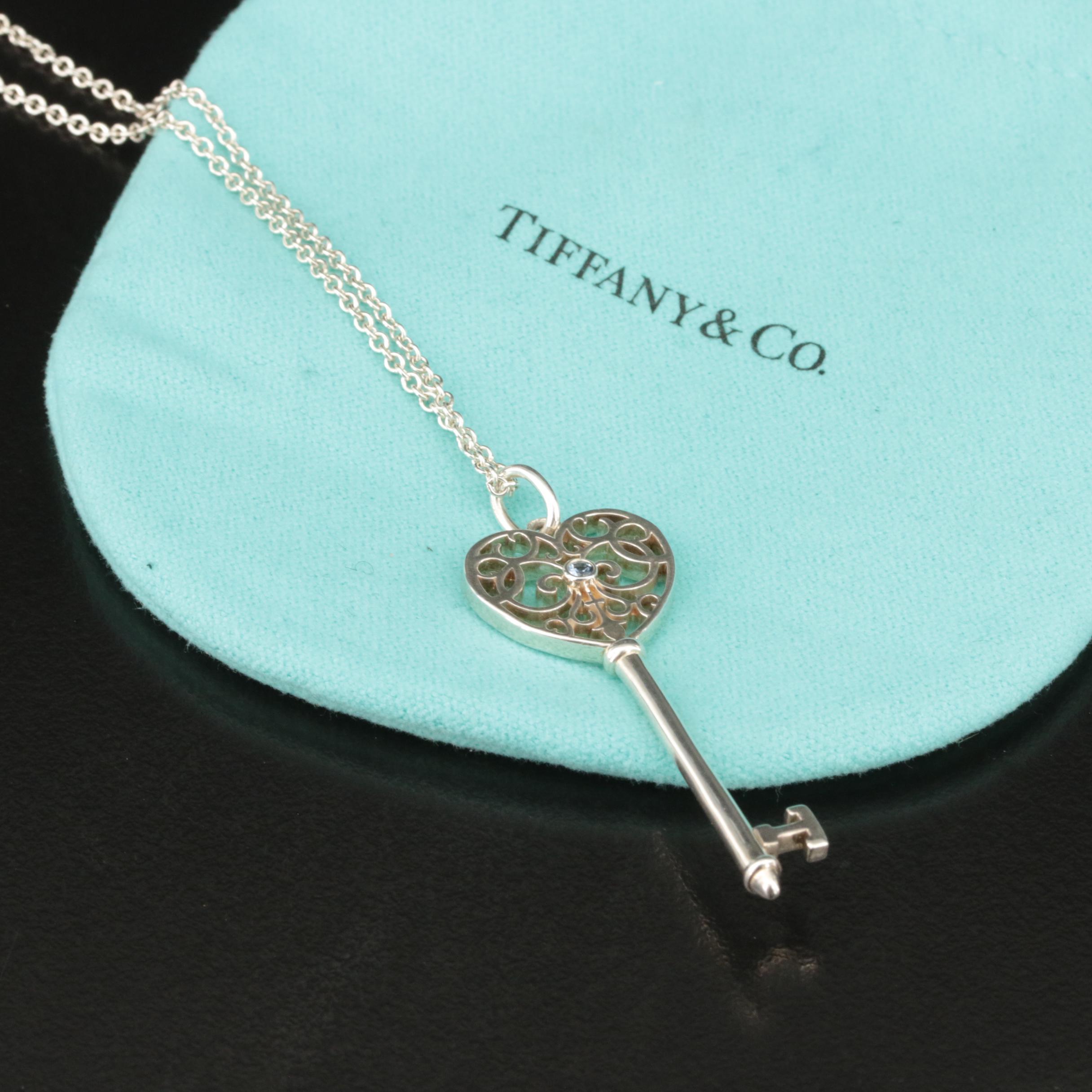 Tiffany & Co. Sterling Sapphire Enchant Heart Key Pendant Necklace