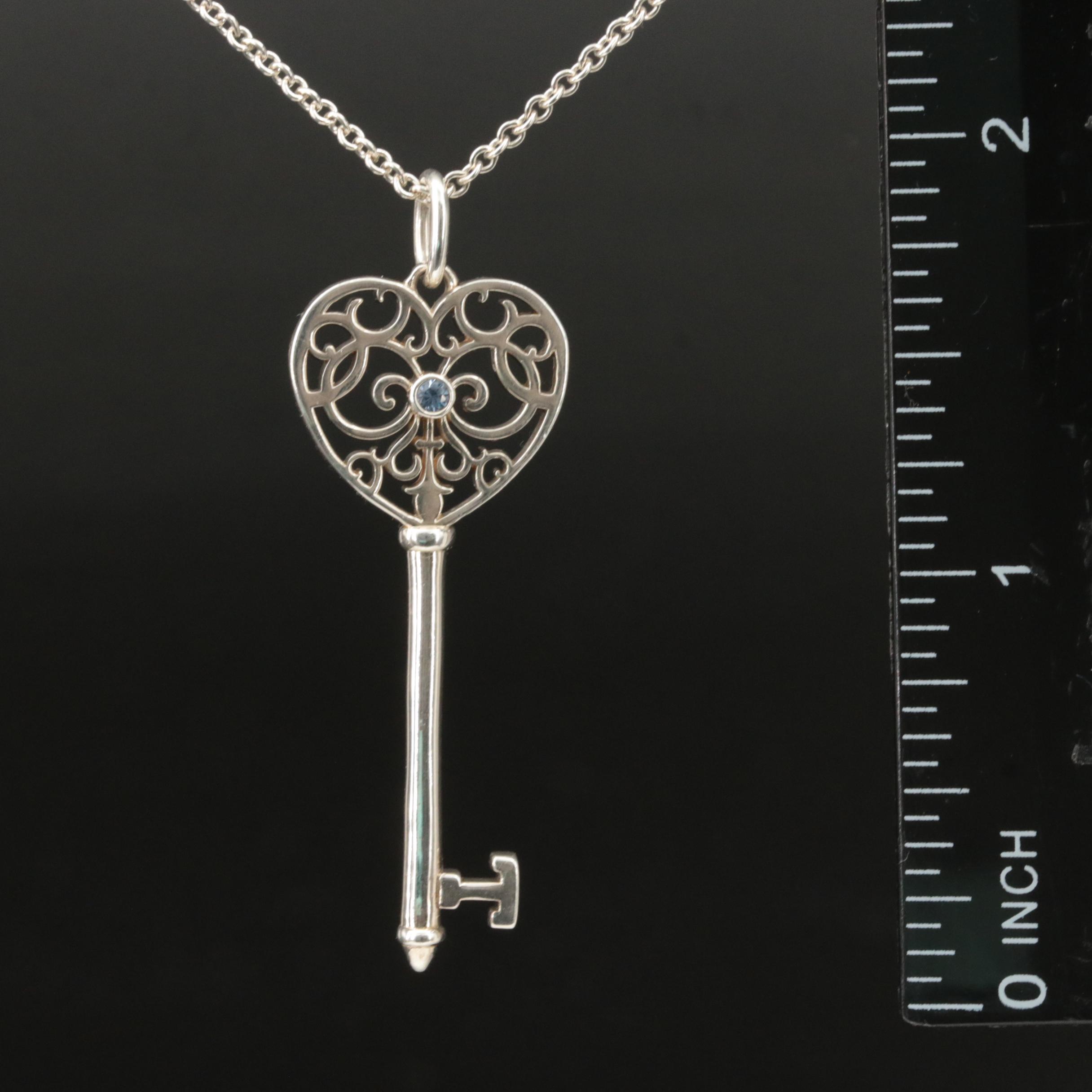 Tiffany & Co. Sterling Sapphire Enchant Heart Key Pendant Necklace