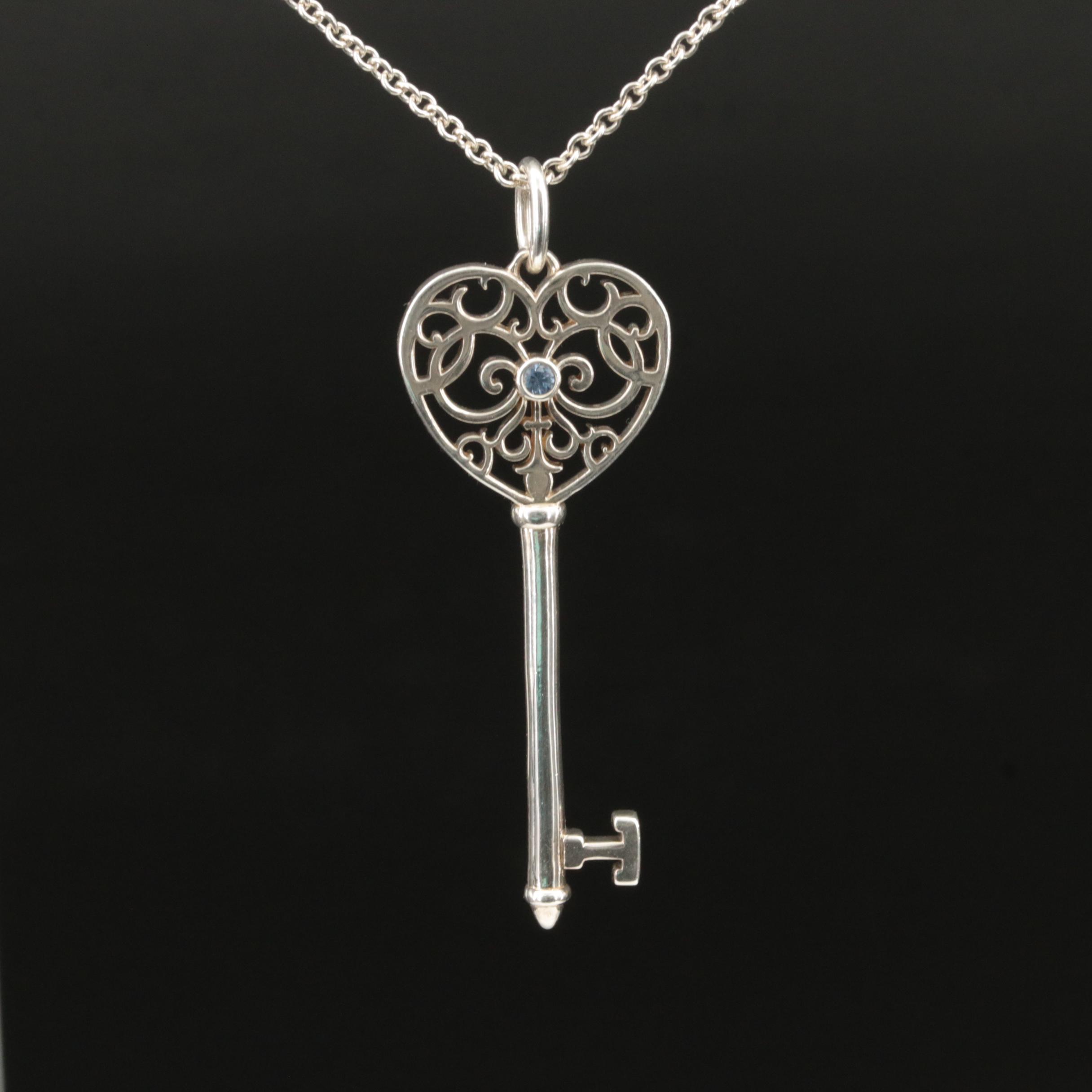 Tiffany & Co. Sterling Sapphire Enchant Heart Key Pendant Necklace