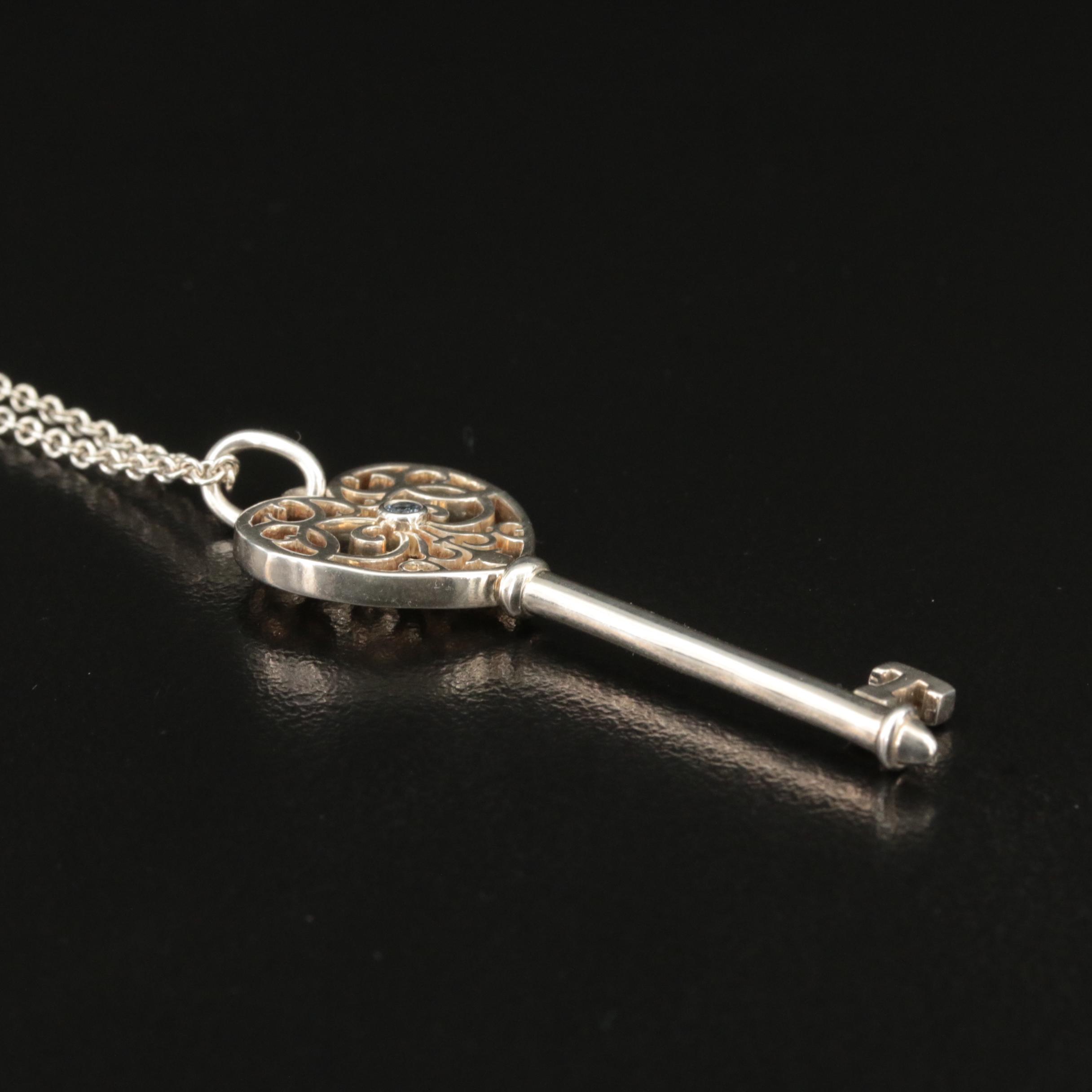 Tiffany & Co. Sterling Sapphire Enchant Heart Key Pendant Necklace