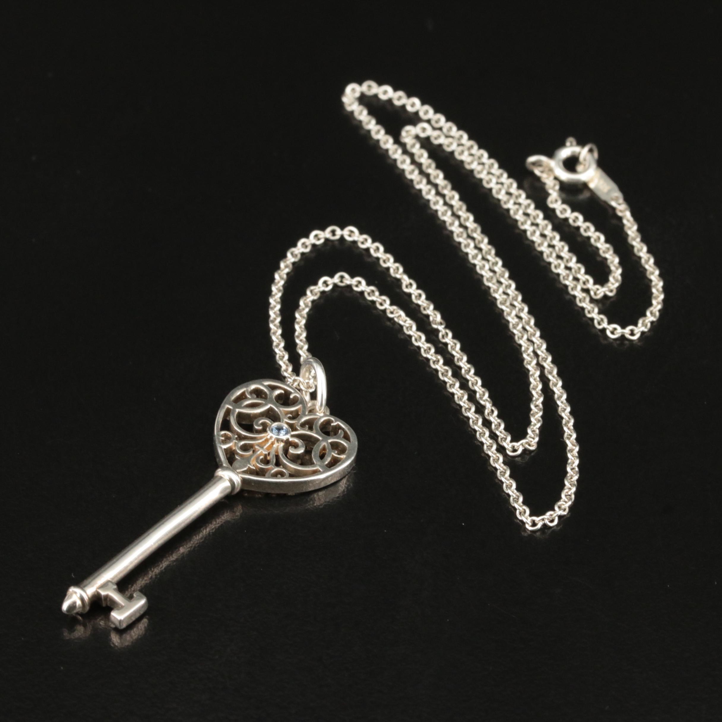 Tiffany & Co. Sterling Sapphire Enchant Heart Key Pendant Necklace