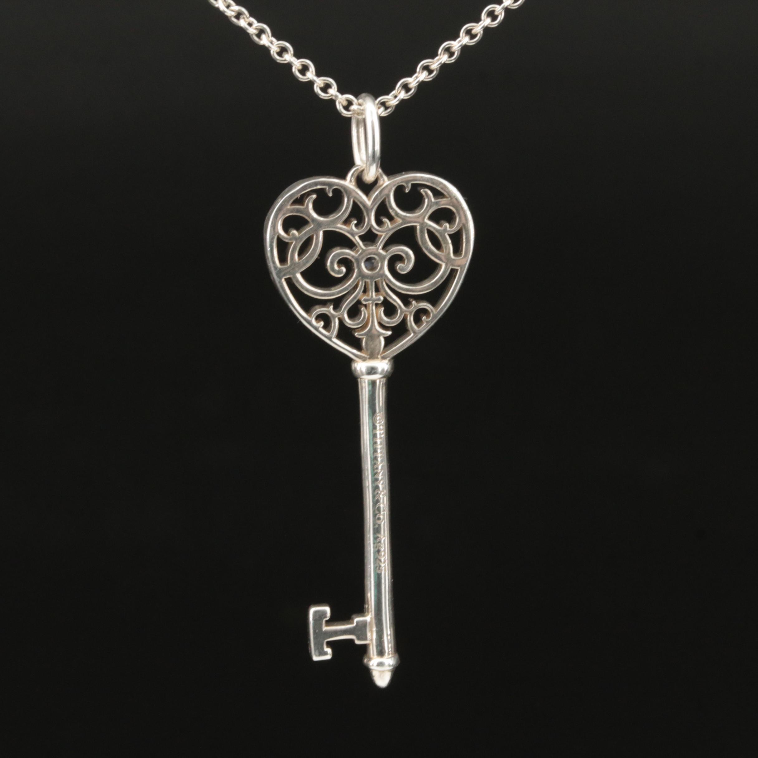 Tiffany & Co. Sterling Sapphire Enchant Heart Key Pendant Necklace