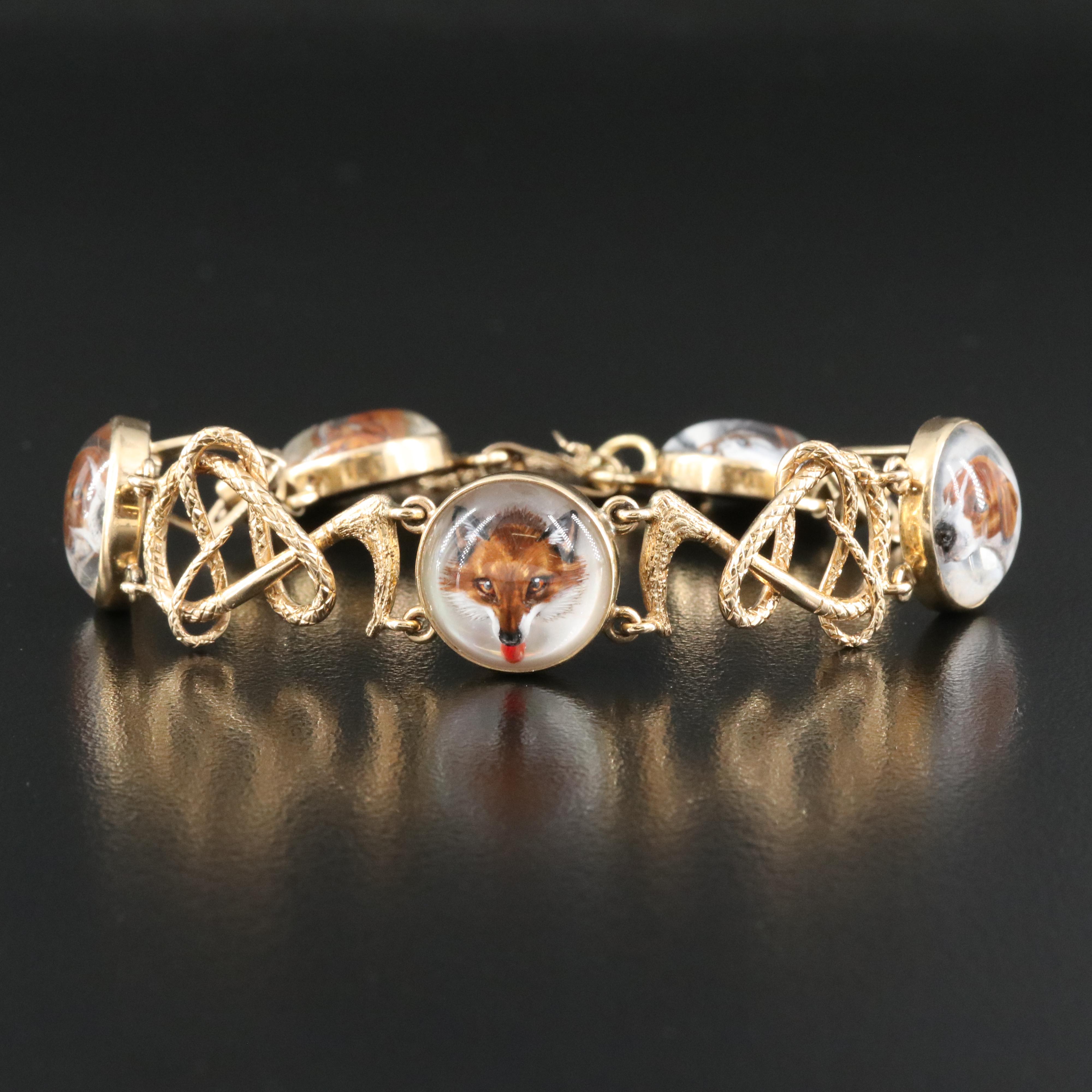 Antique 14K Essex Crystal Equestrian and Fox Hunt Bracelet