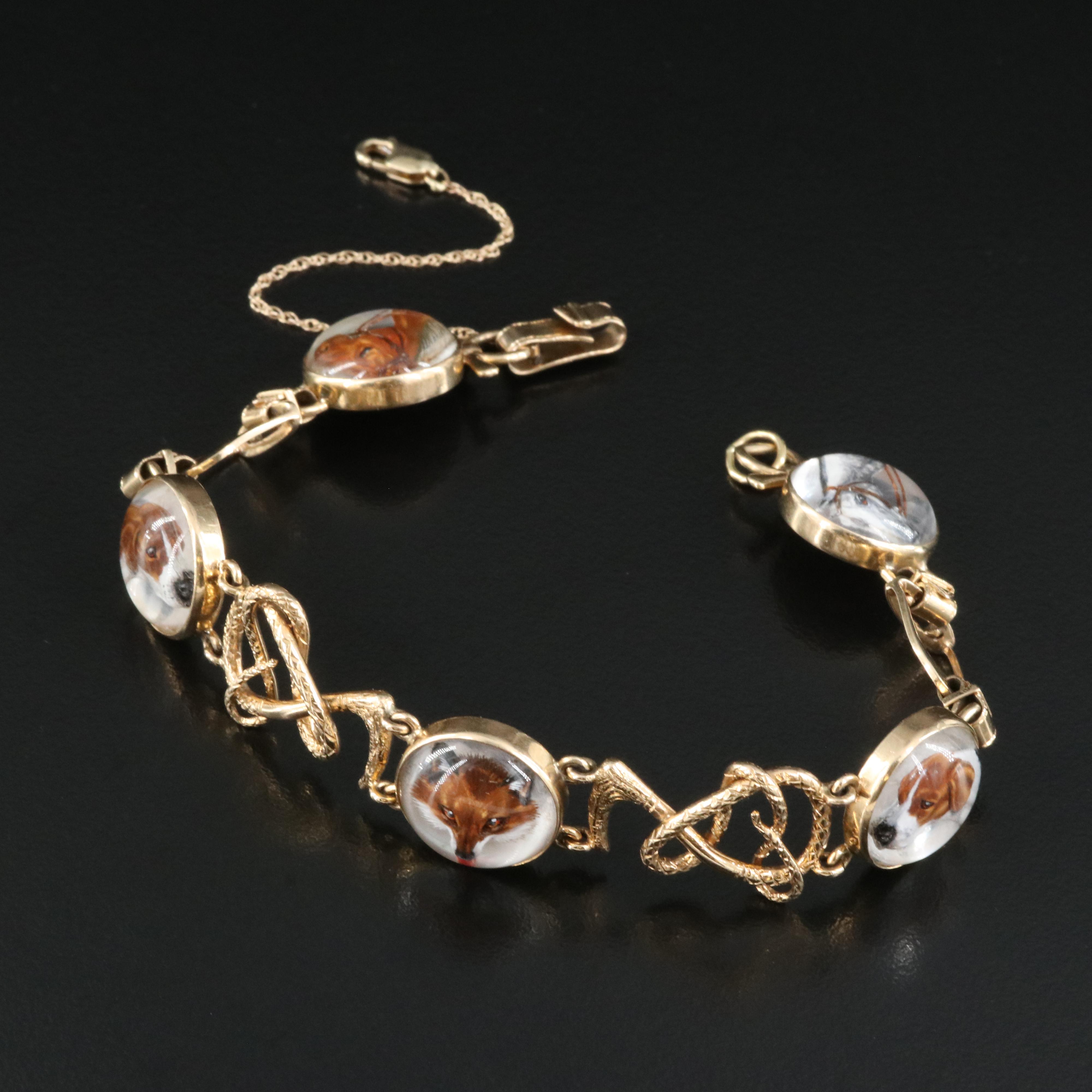 Antique 14K Essex Crystal Equestrian and Fox Hunt Bracelet