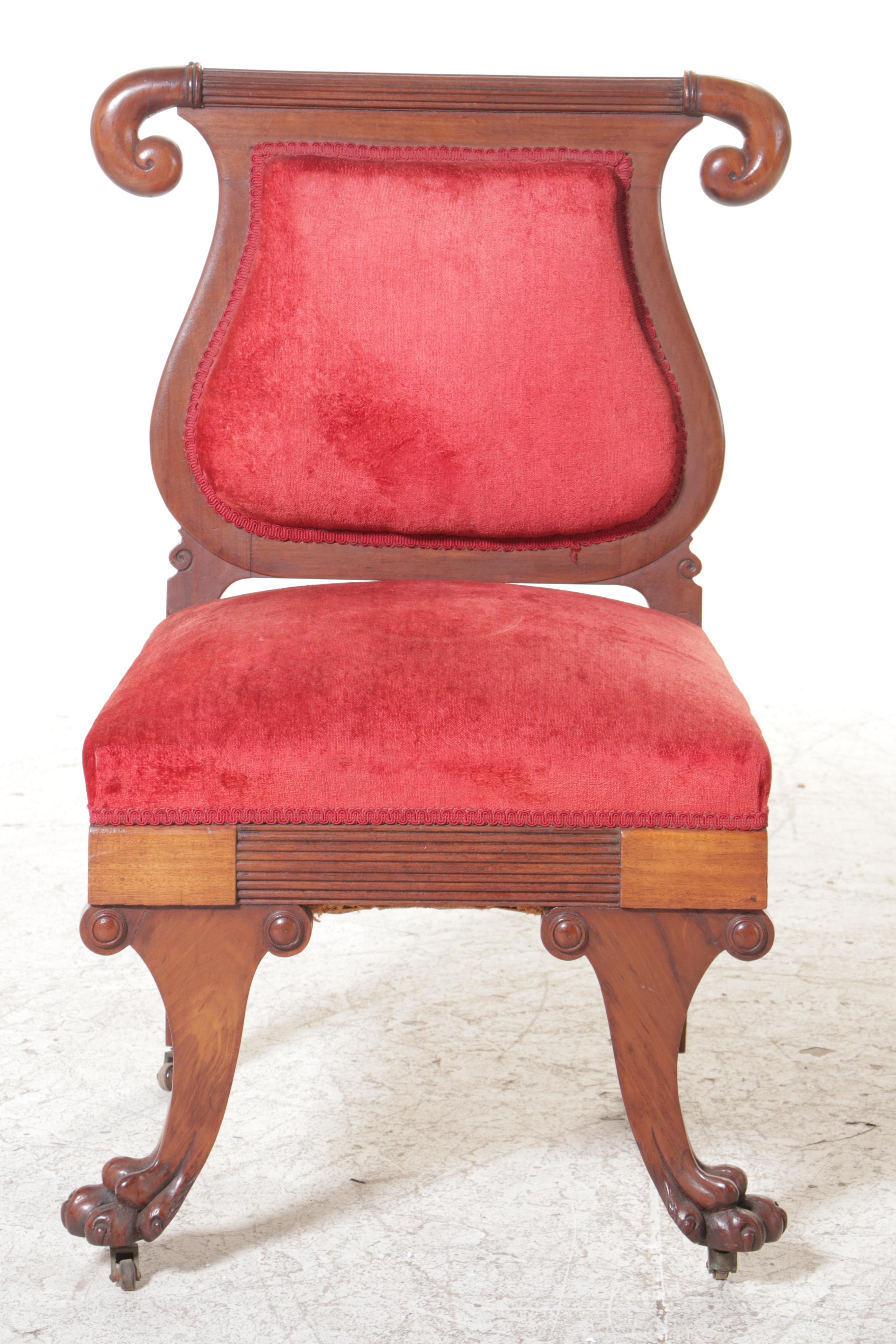 American Late Classical Walnut Parlor Arm and Side Chairs, Mid-19th Century