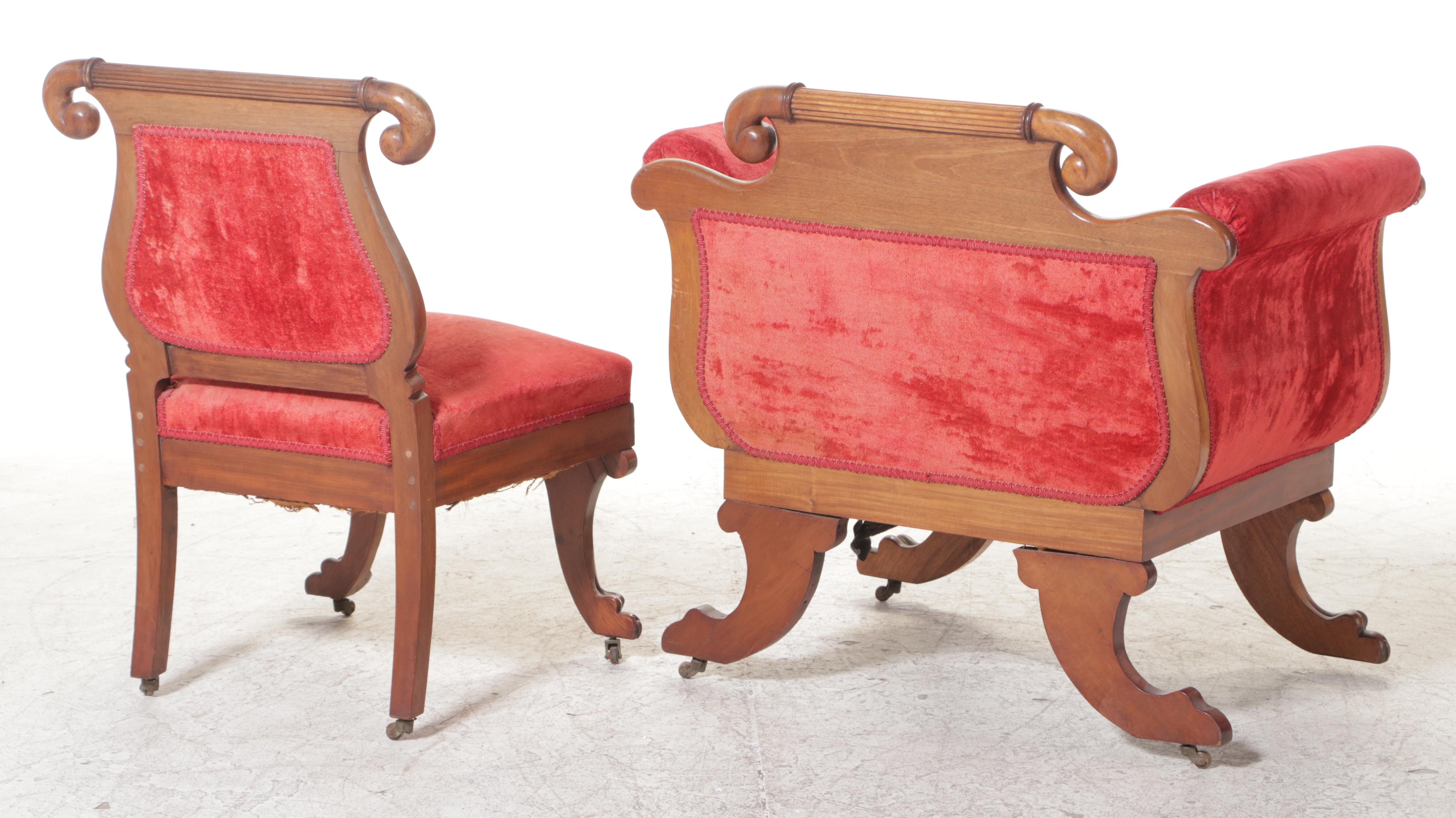 American Late Classical Walnut Parlor Arm and Side Chairs, Mid-19th Century