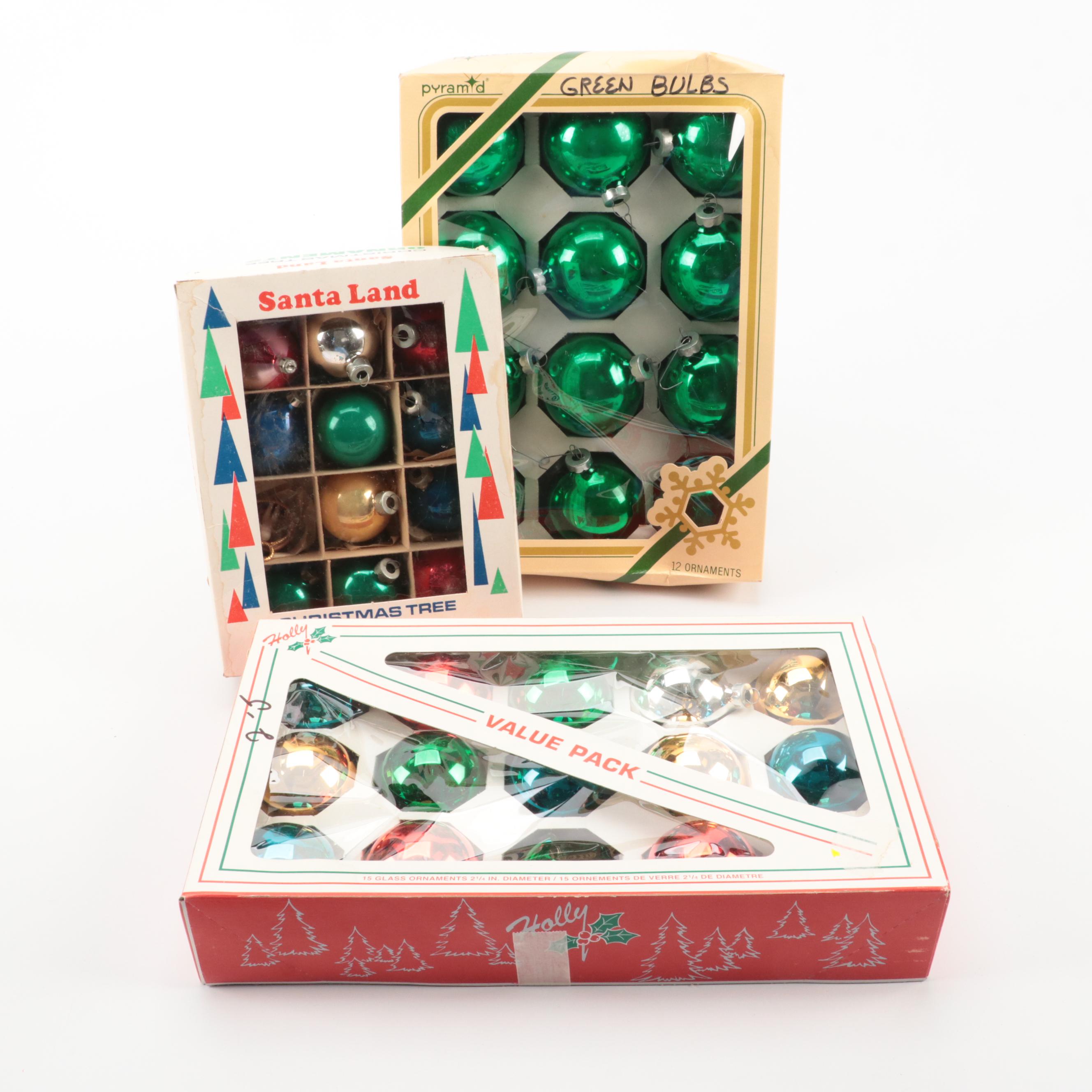 Holly, Pyramid, and Other Glass Christmas Ornaments, Late 20th Century