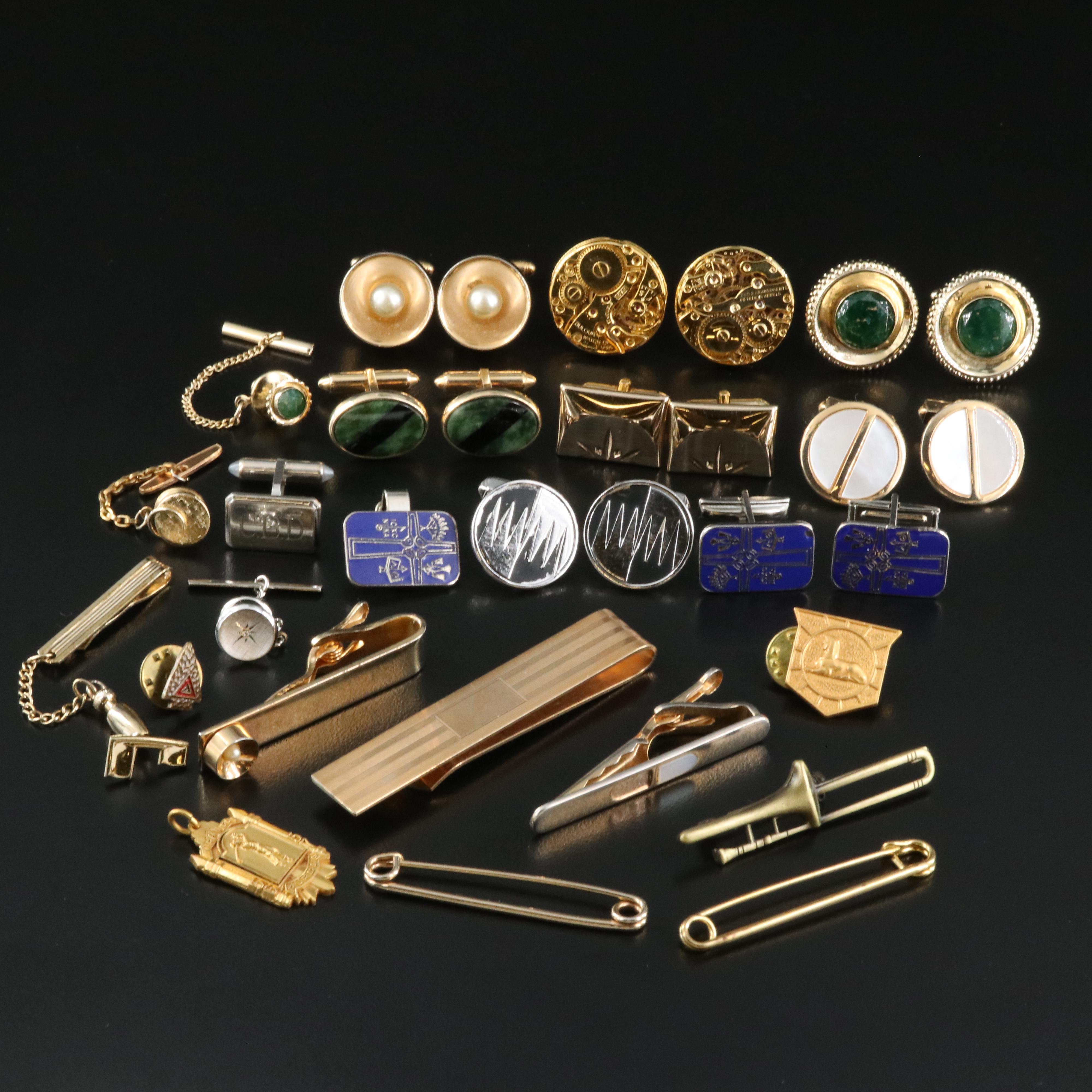 Vintage Cufflinks, Pins and Tie Bars Including Krementz and Gemstones
