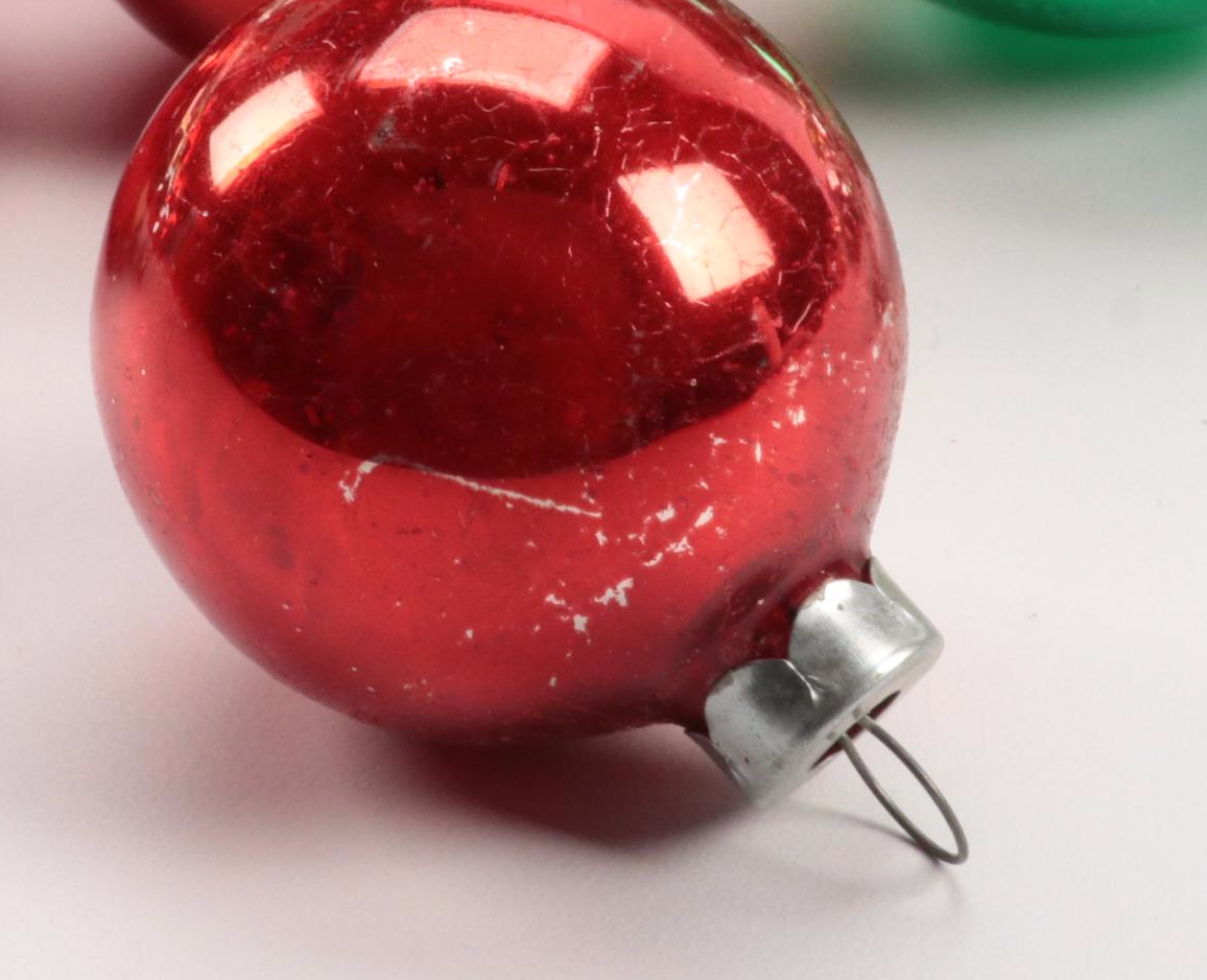 Holly, Pyramid, and Other Glass Christmas Ornaments, Late 20th Century