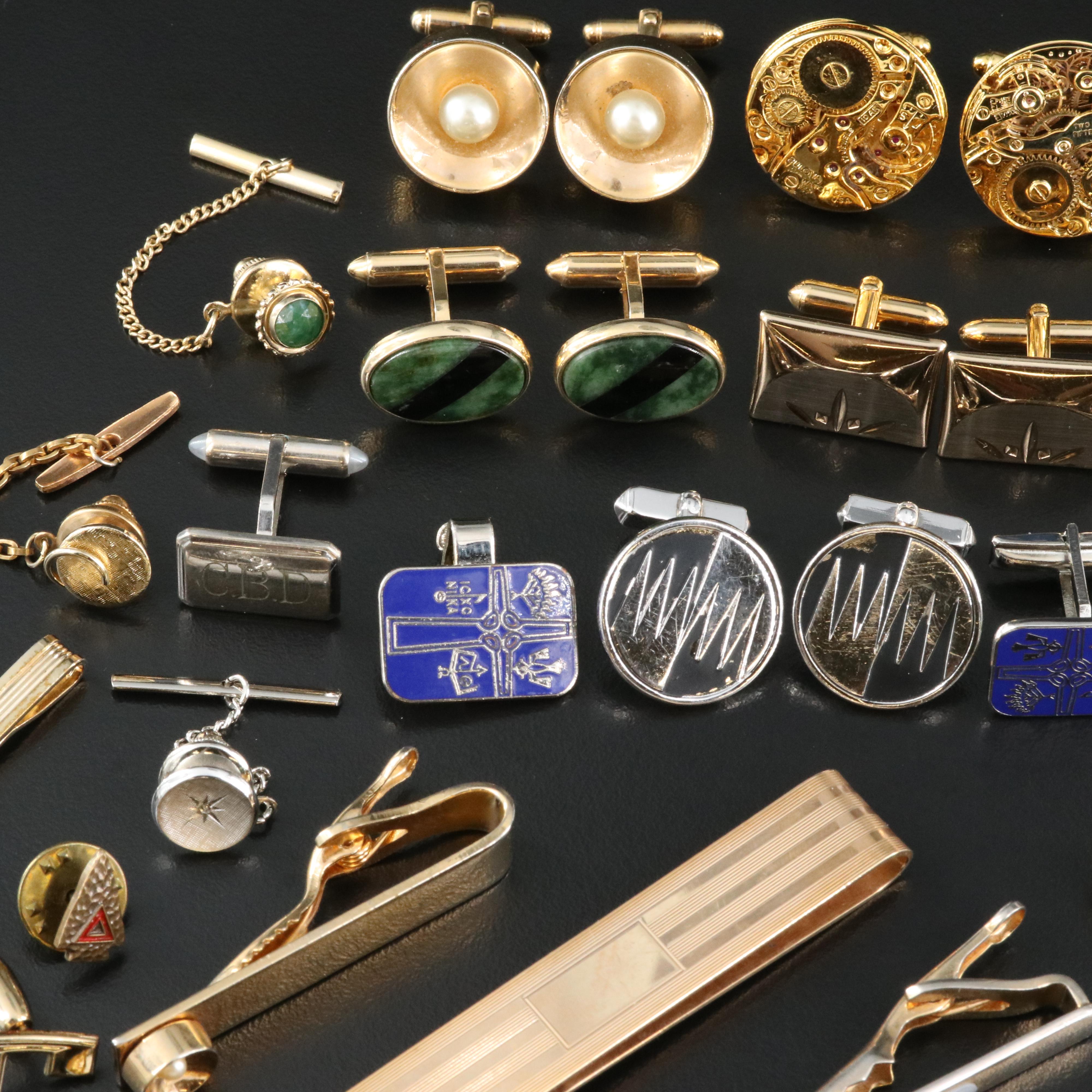 Vintage Cufflinks, Pins and Tie Bars Including Krementz and Gemstones