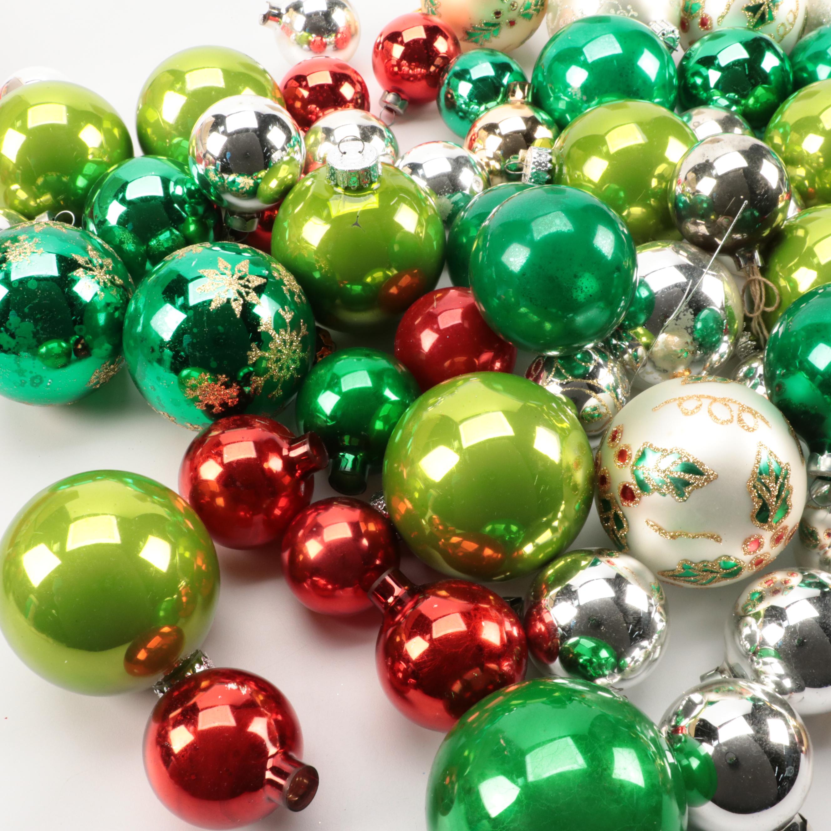 Holly, Pyramid, and Other Glass Christmas Ornaments, Late 20th Century