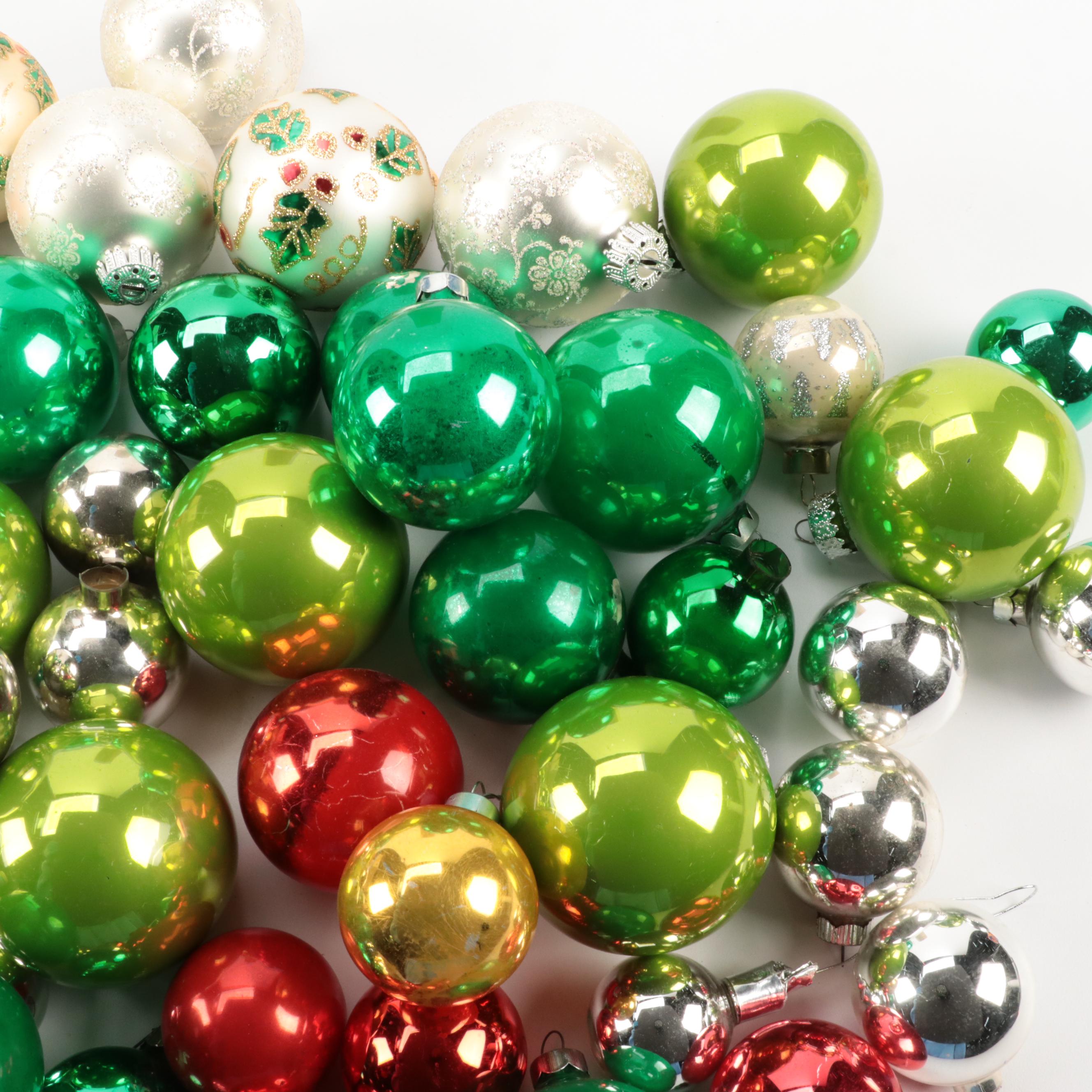 Holly, Pyramid, and Other Glass Christmas Ornaments, Late 20th Century