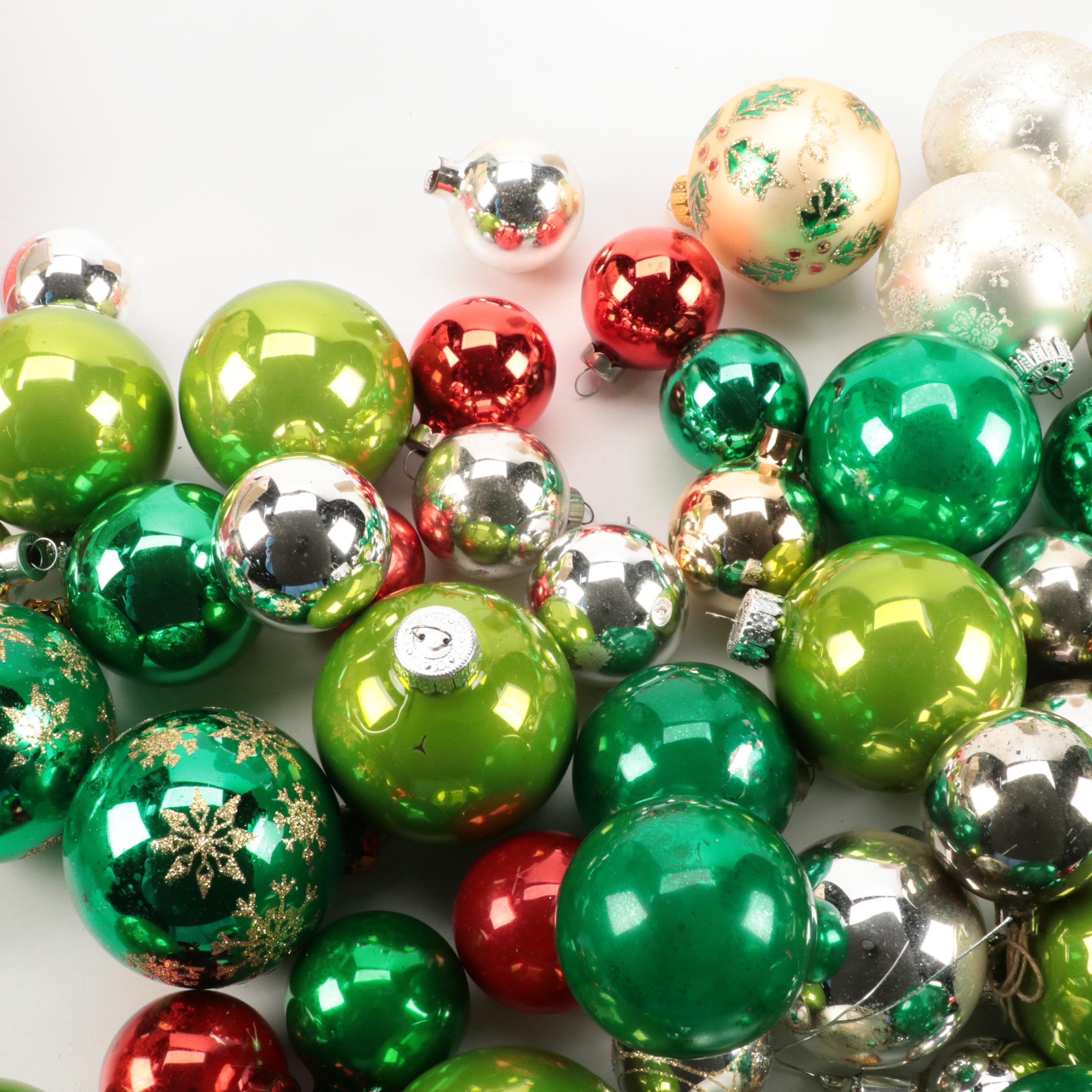 Holly, Pyramid, and Other Glass Christmas Ornaments, Late 20th Century