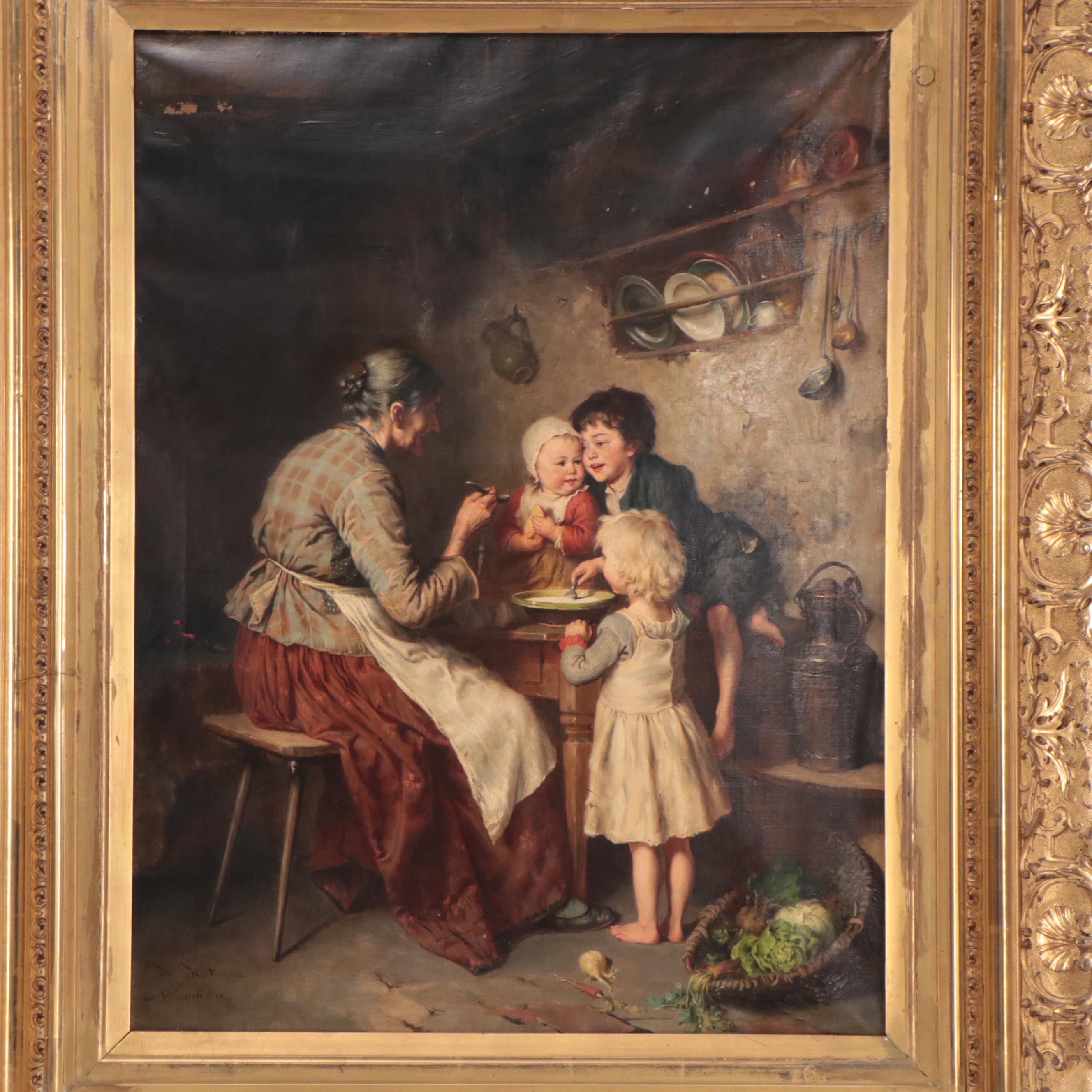 Heinrich Hirt Genre Oil Painting "Die Mittagssuppe"