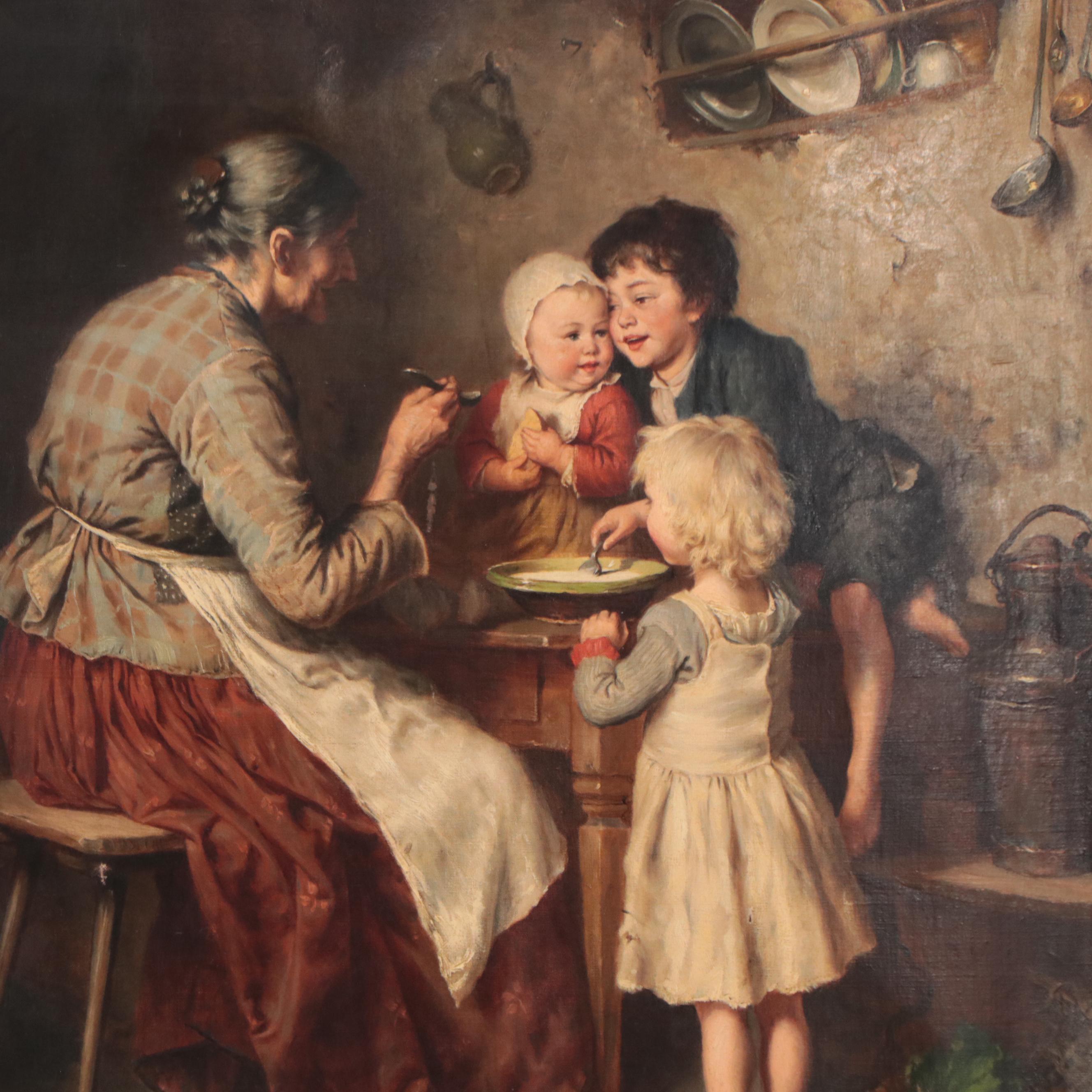 Heinrich Hirt Genre Oil Painting "Die Mittagssuppe"