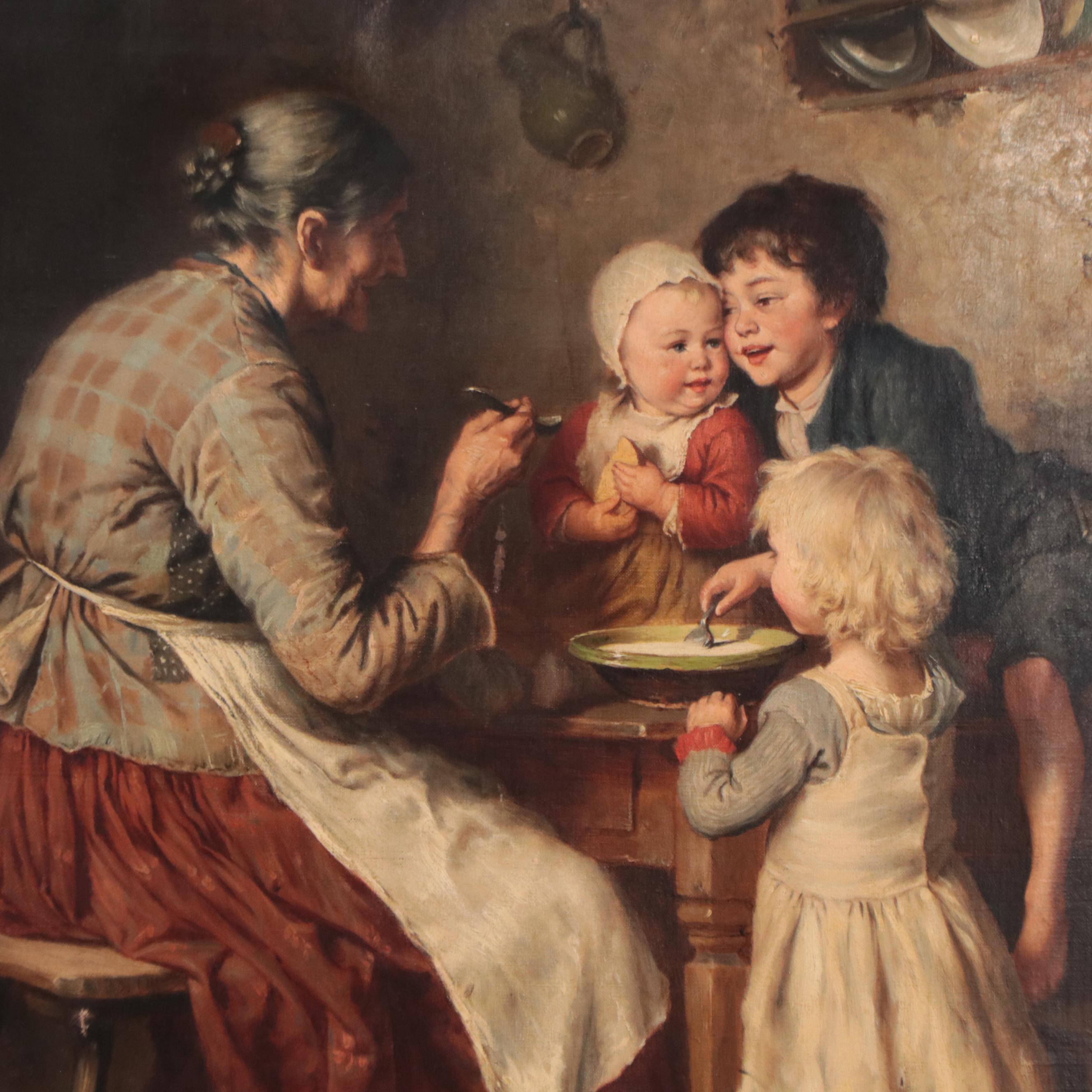 Heinrich Hirt Genre Oil Painting "Die Mittagssuppe"