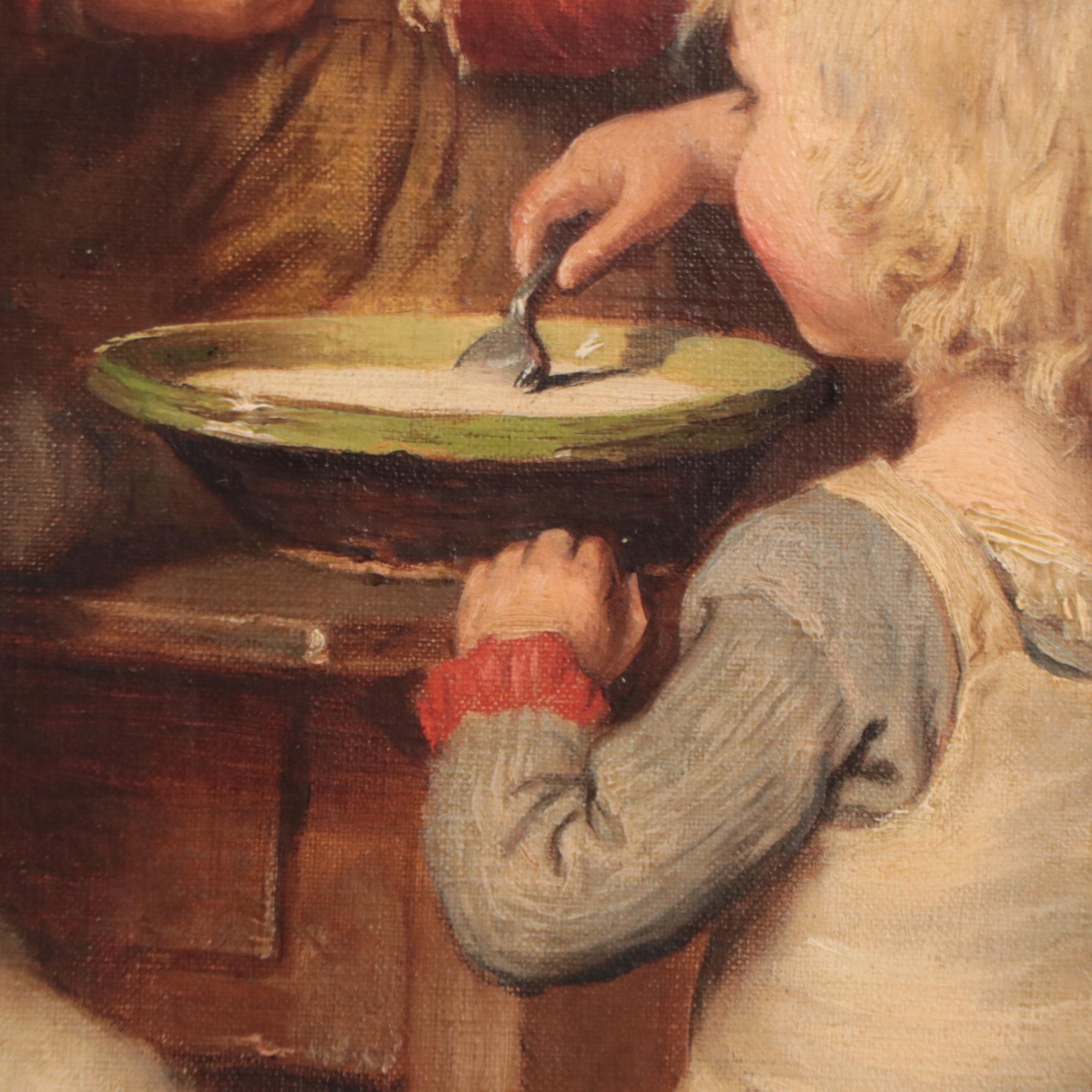 Heinrich Hirt Genre Oil Painting "Die Mittagssuppe"