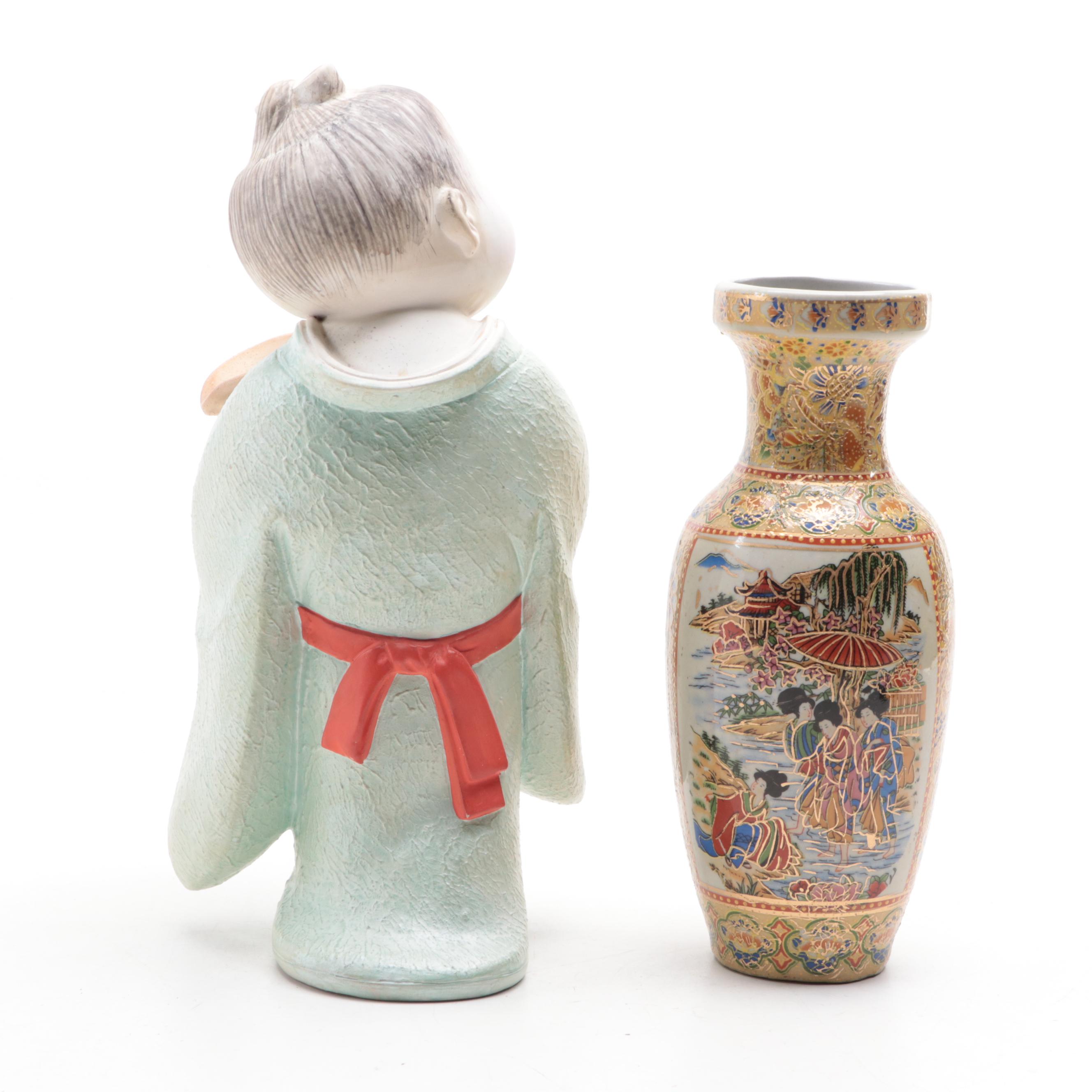 Japanese Satsuma Style Earthenware Vase and Figurine