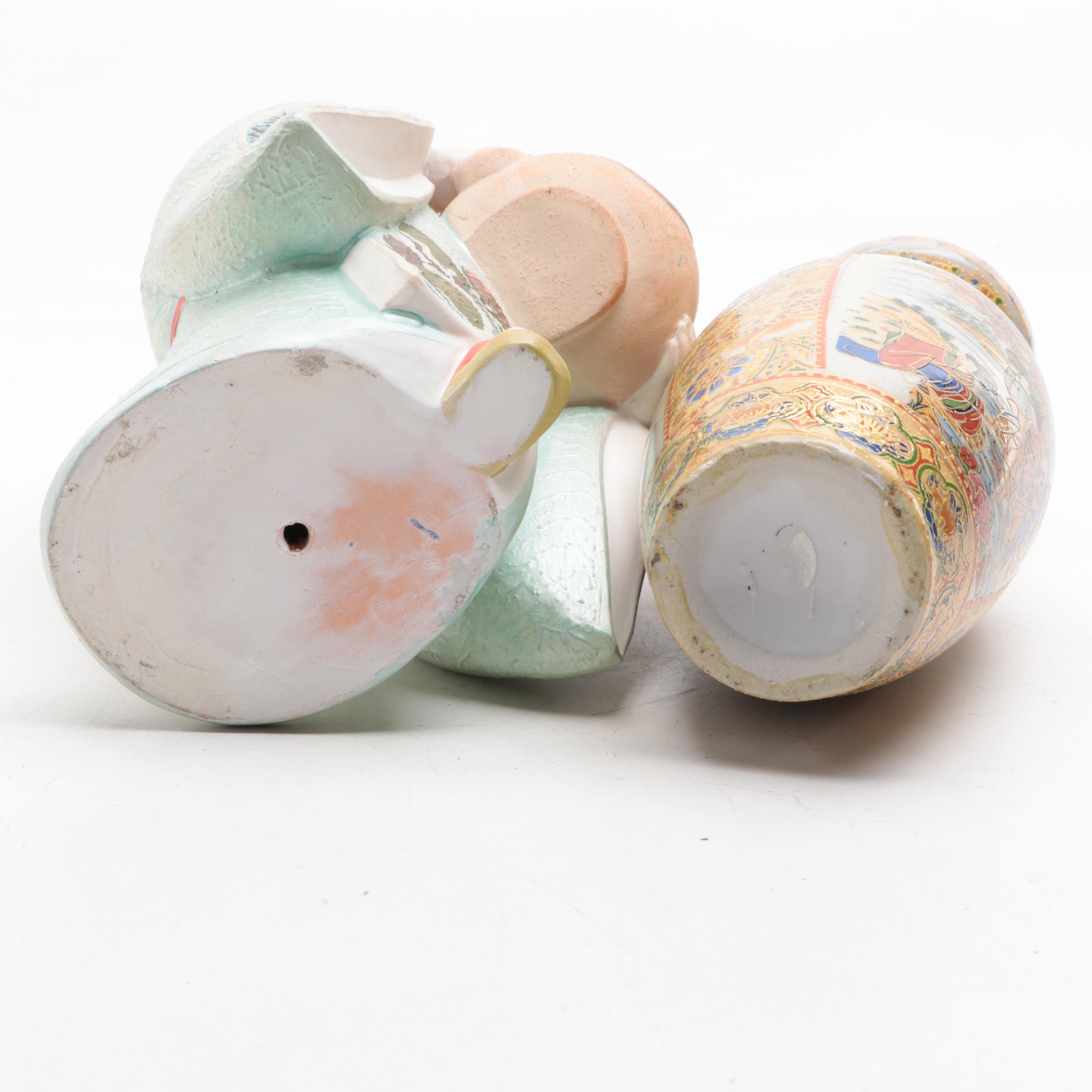 Japanese Satsuma Style Earthenware Vase and Figurine