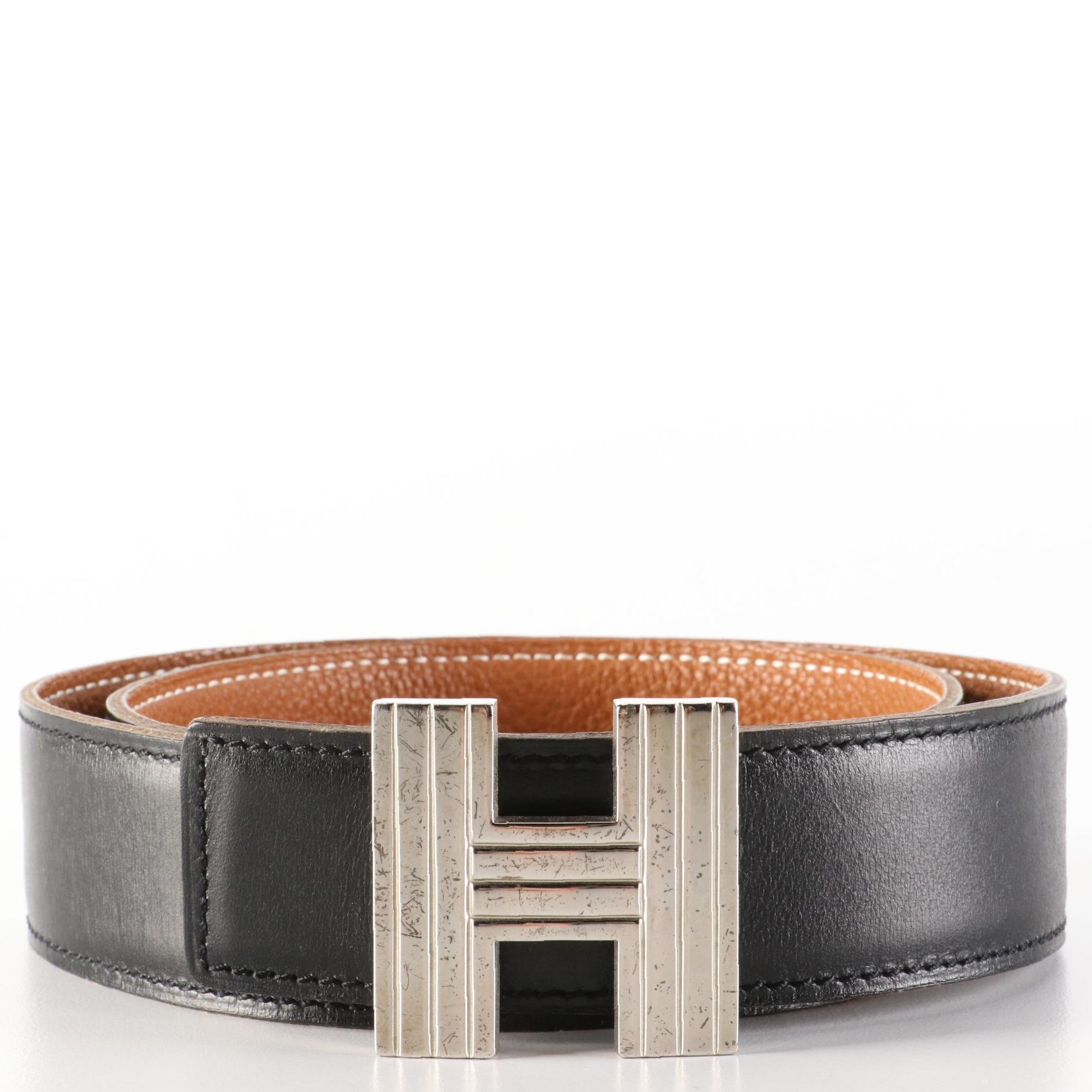 Hermès Cadena Reversible H Belt in in Black Box Calf and Gold Courchevel Leather