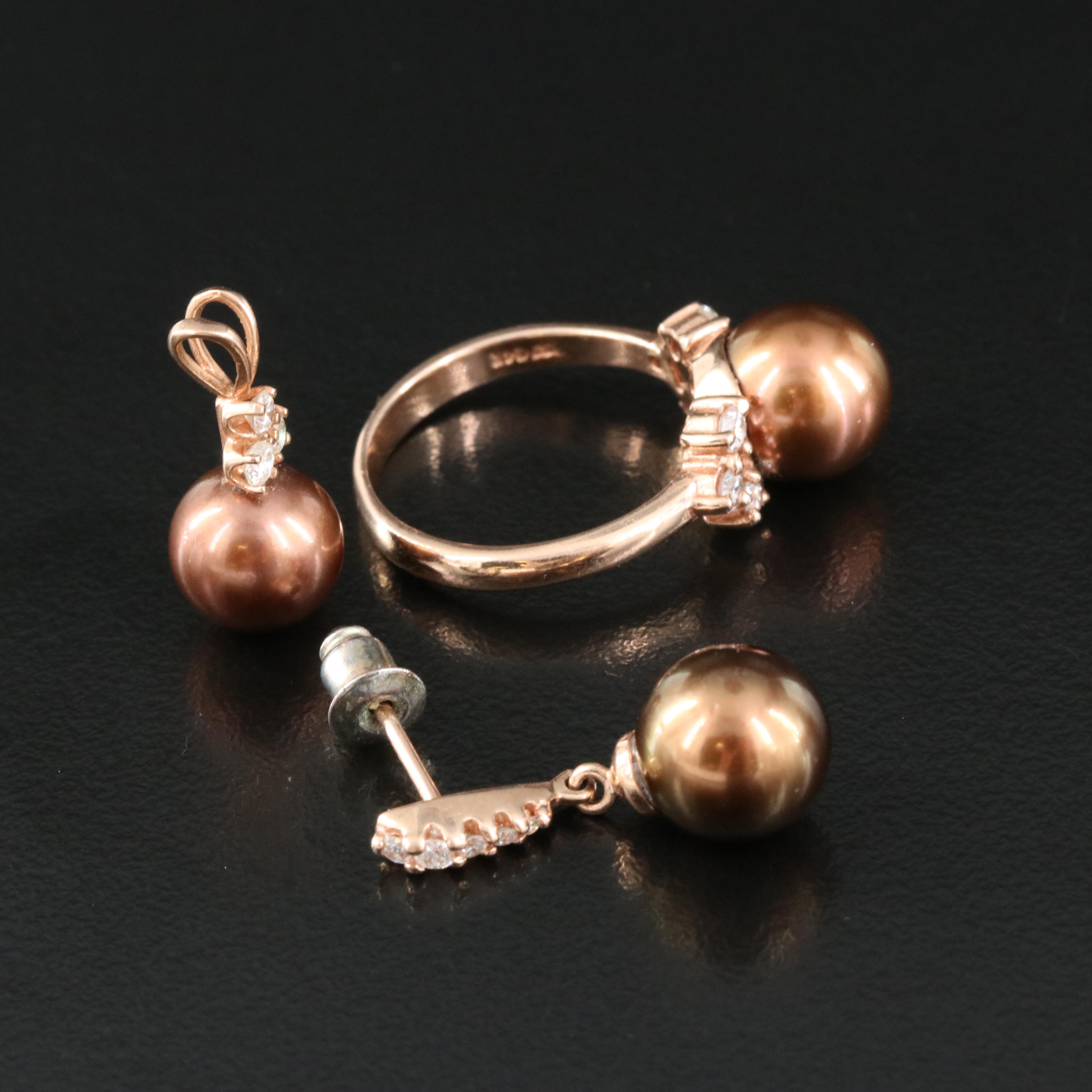 14K Rose Gold Earrings Ring and Pendant Including Pearl and Diamond