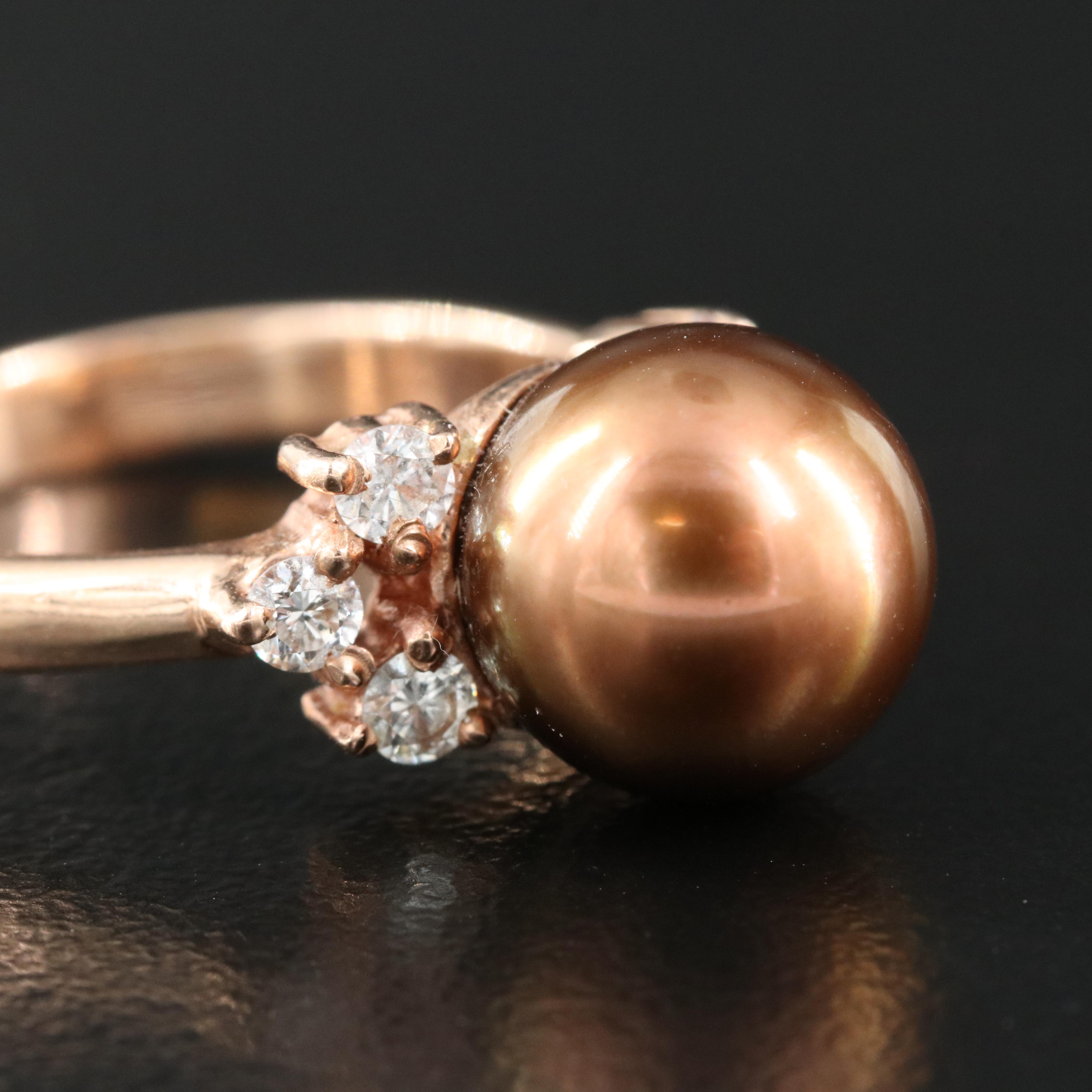 14K Rose Gold Earrings Ring and Pendant Including Pearl and Diamond