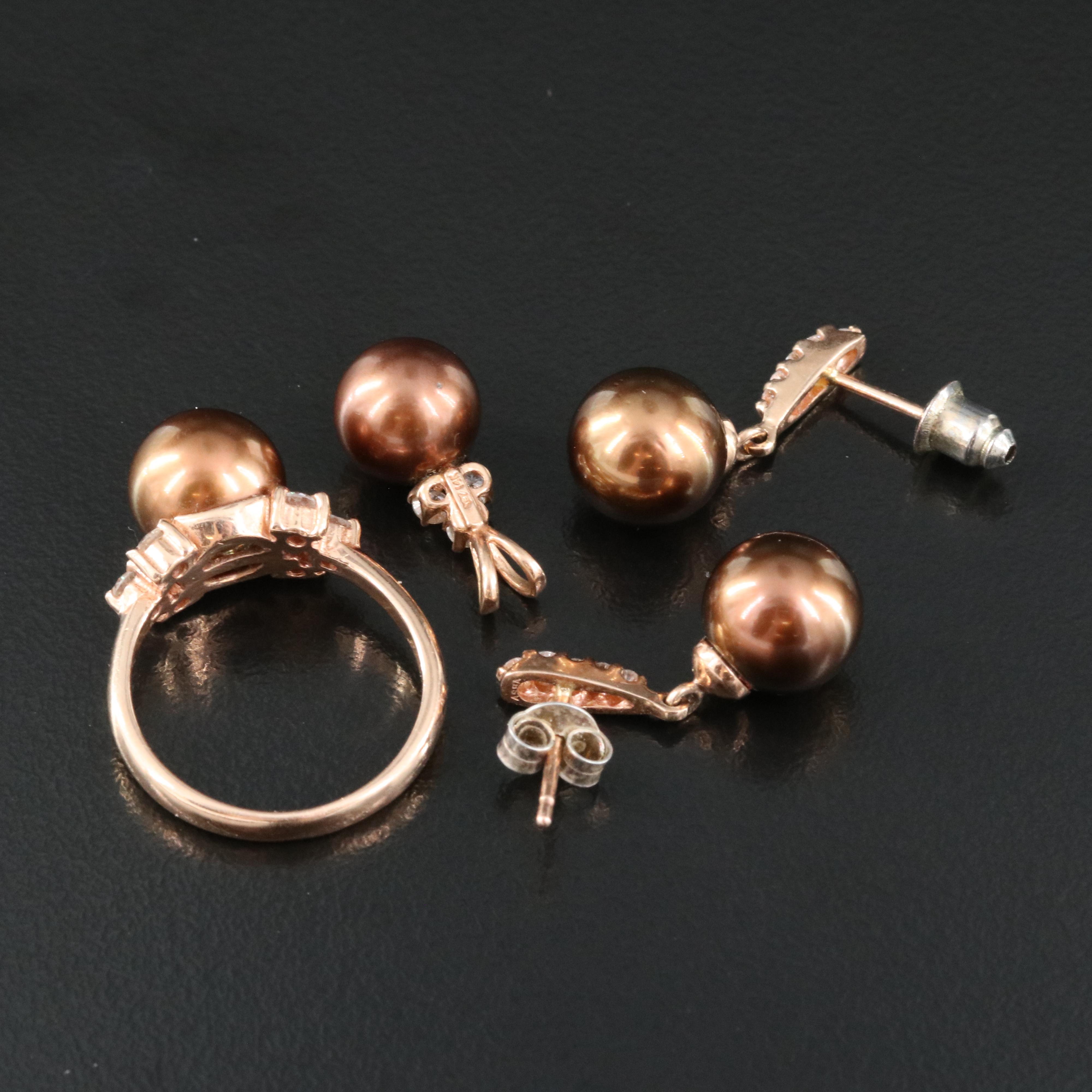 14K Rose Gold Earrings Ring and Pendant Including Pearl and Diamond