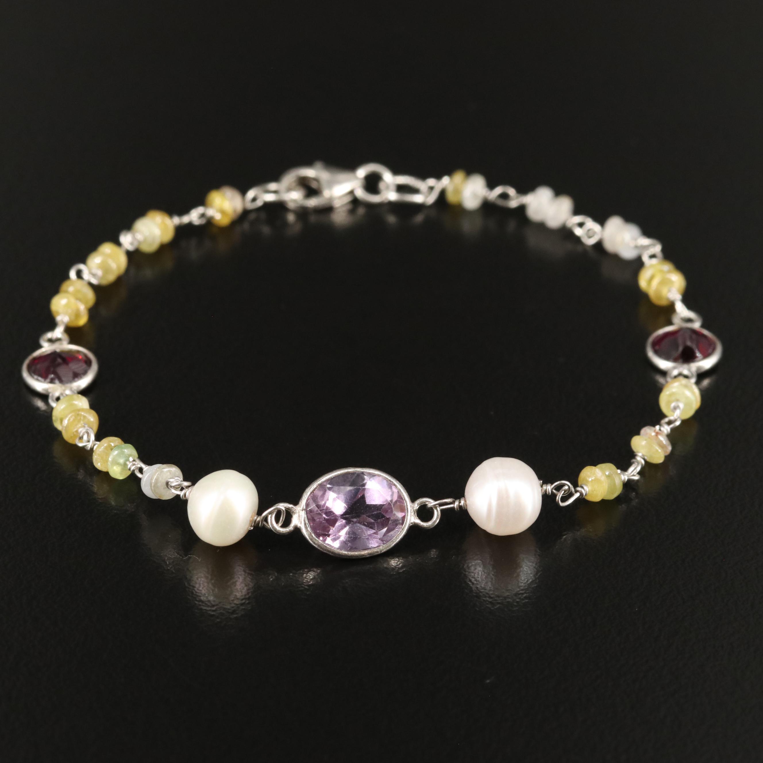 Sterling Pearl, Amethyst, and Garnet Bracelet