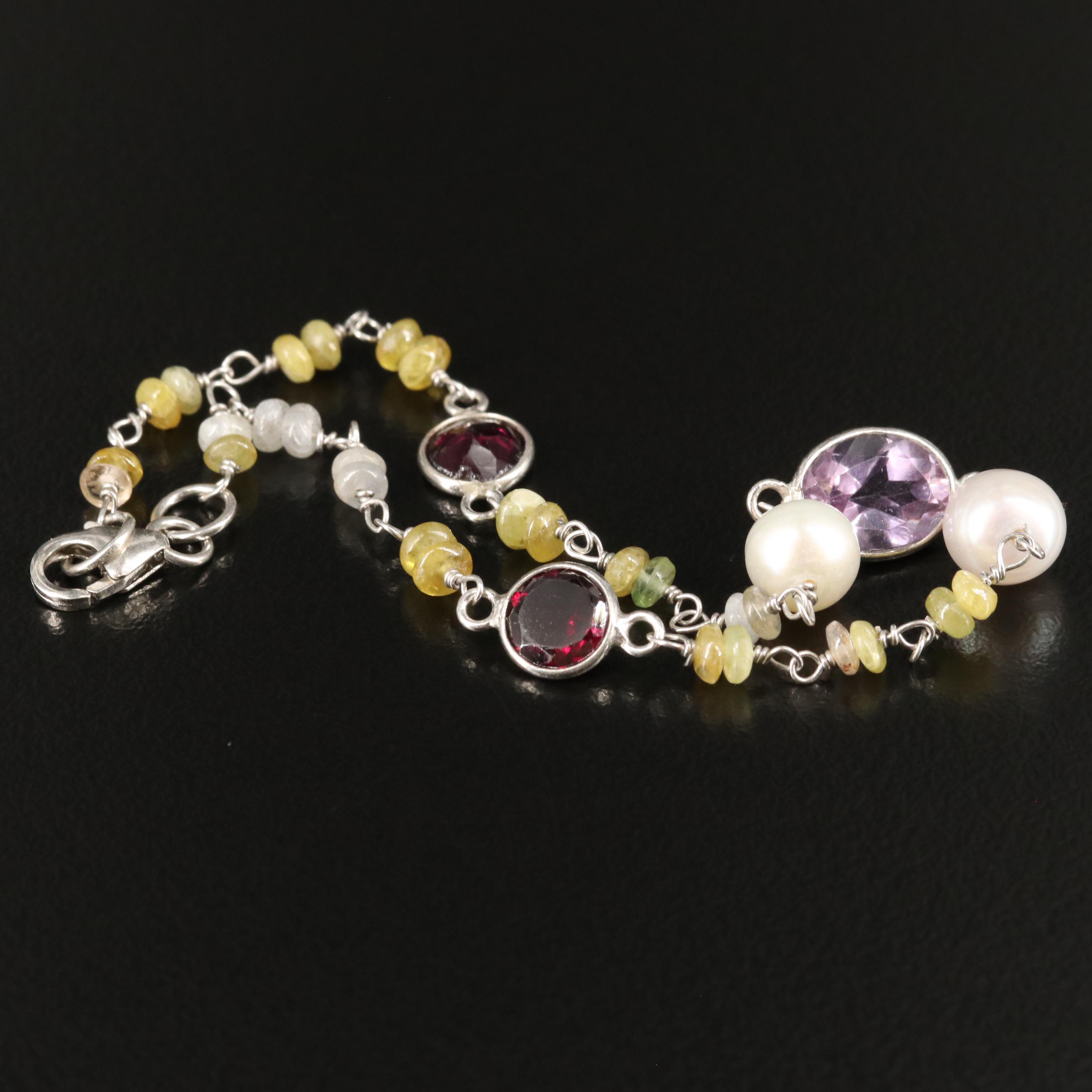 Sterling Pearl, Amethyst, and Garnet Bracelet