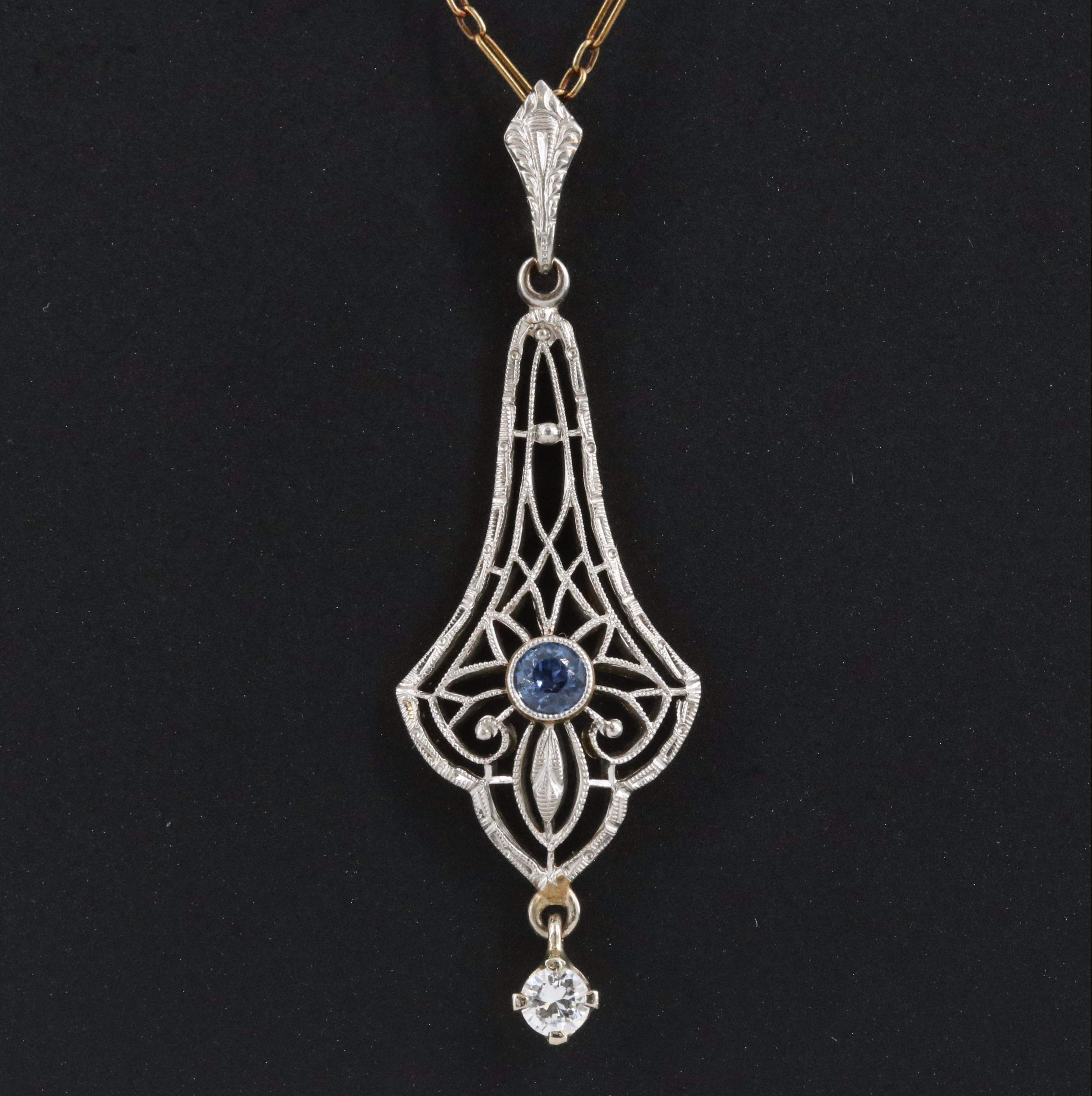 Art Deco Krementz Platinum and 14K 0.09 CTW Diamond and Sapphire Necklace