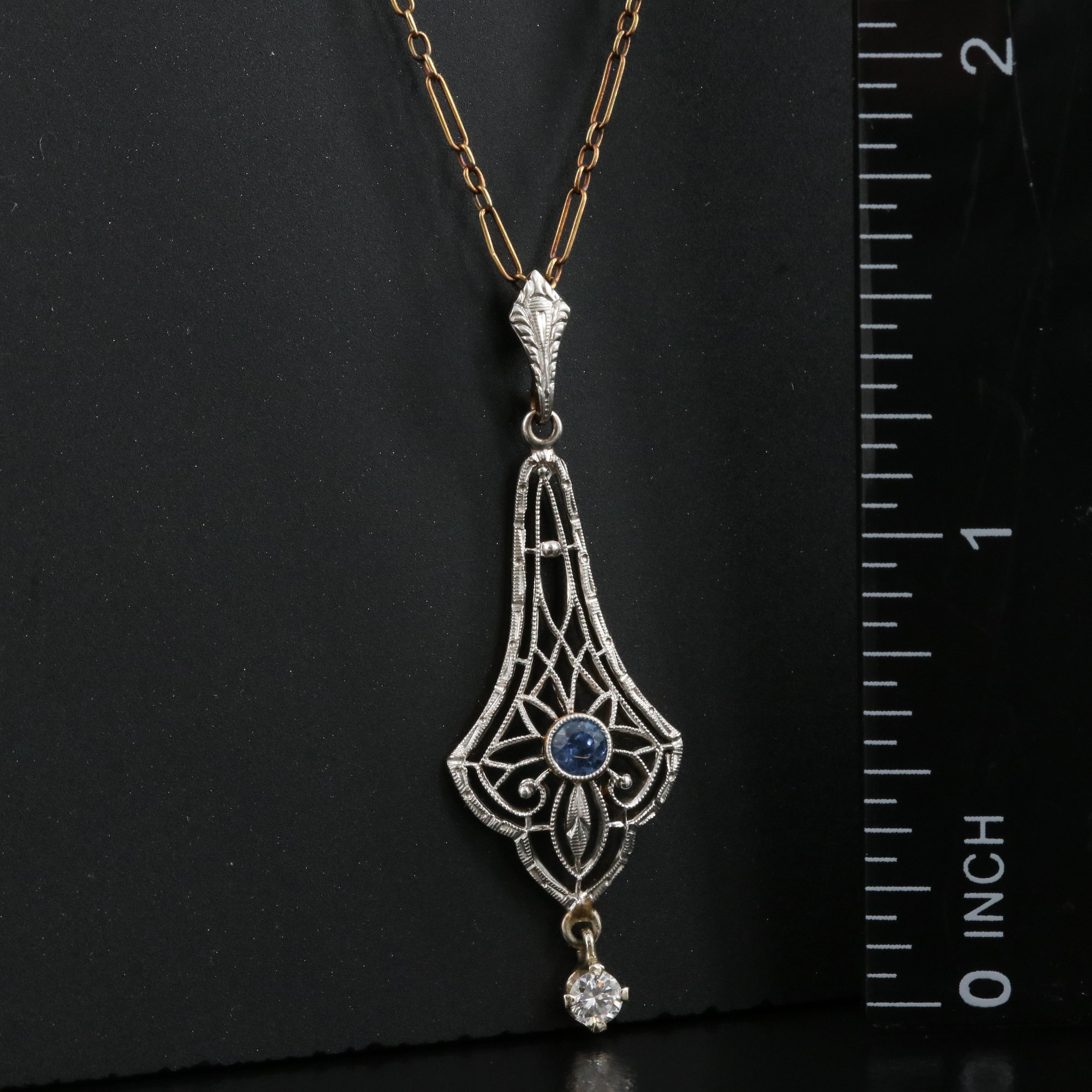 Art Deco Krementz Platinum and 14K 0.09 CTW Diamond and Sapphire Necklace