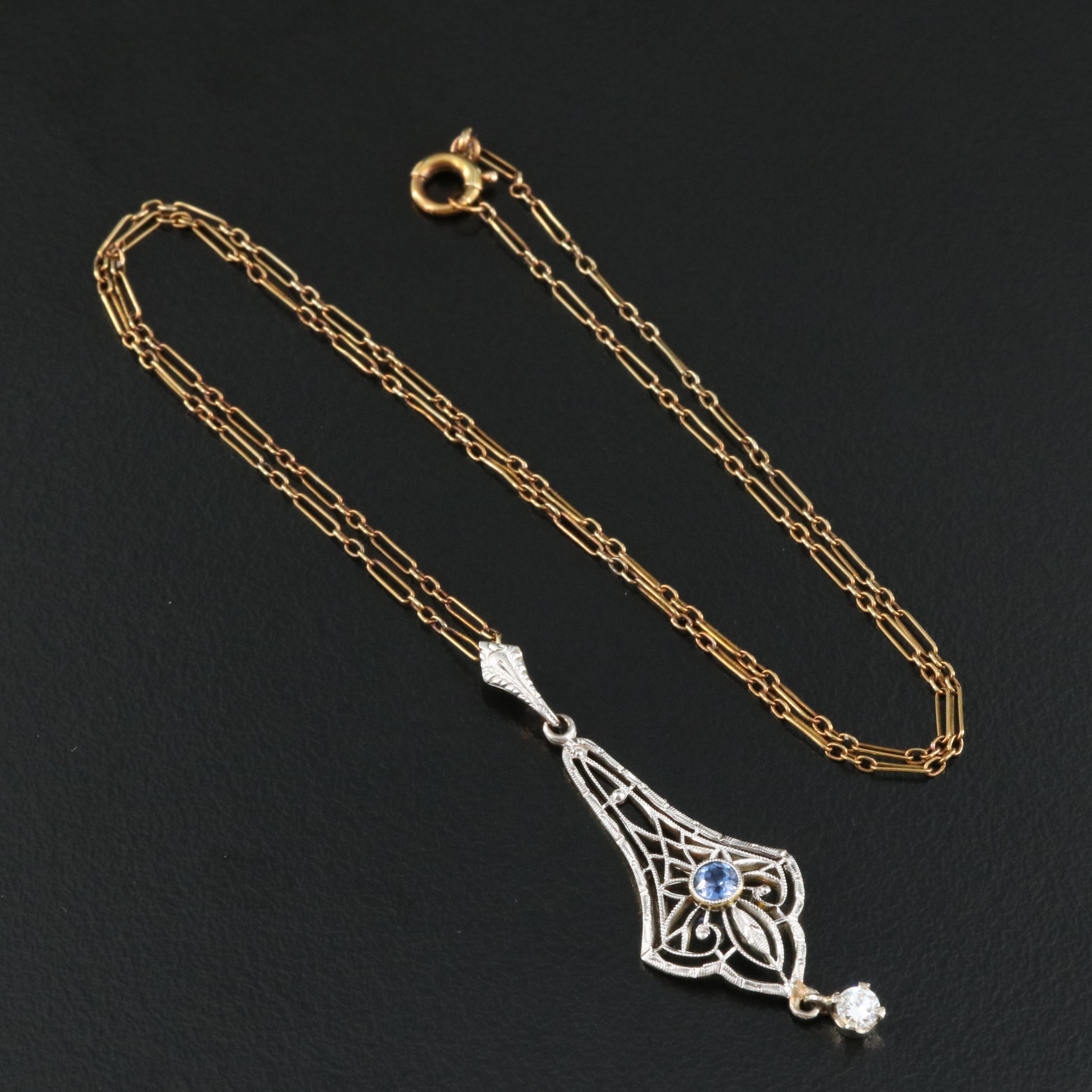 Art Deco Krementz Platinum and 14K 0.09 CTW Diamond and Sapphire Necklace